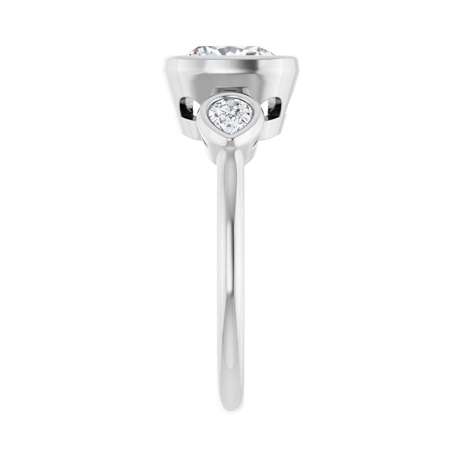 Cushion Bezel-Set Three-Stone Engagement Ring | Metal Type=14K White Gold | Center Stone Size=2.5 CT | Image 4