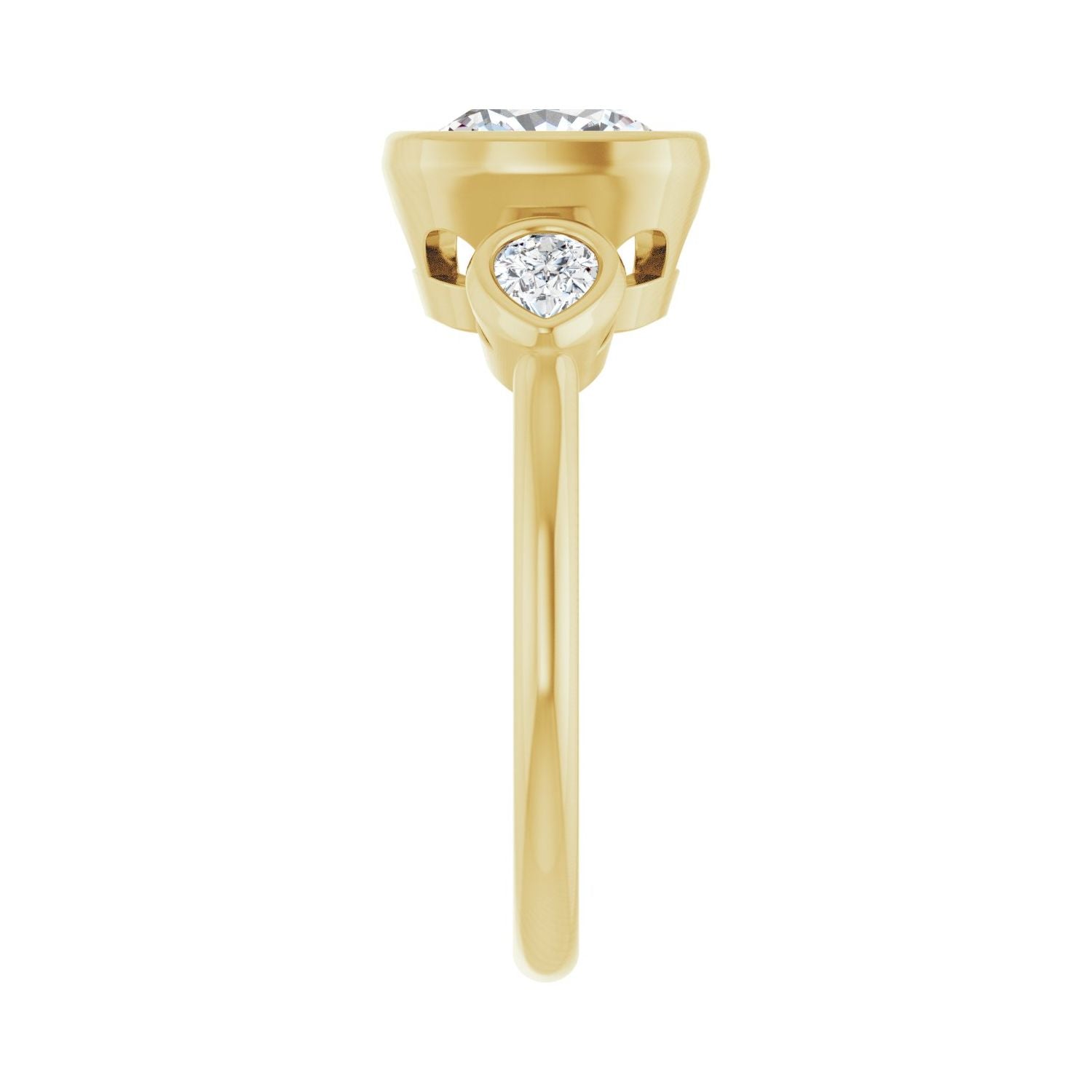 Cushion Bezel-Set Three-Stone Engagement Ring | Metal Type=14K Yellow Gold | Center Stone Size=2.5 CT | Image 4