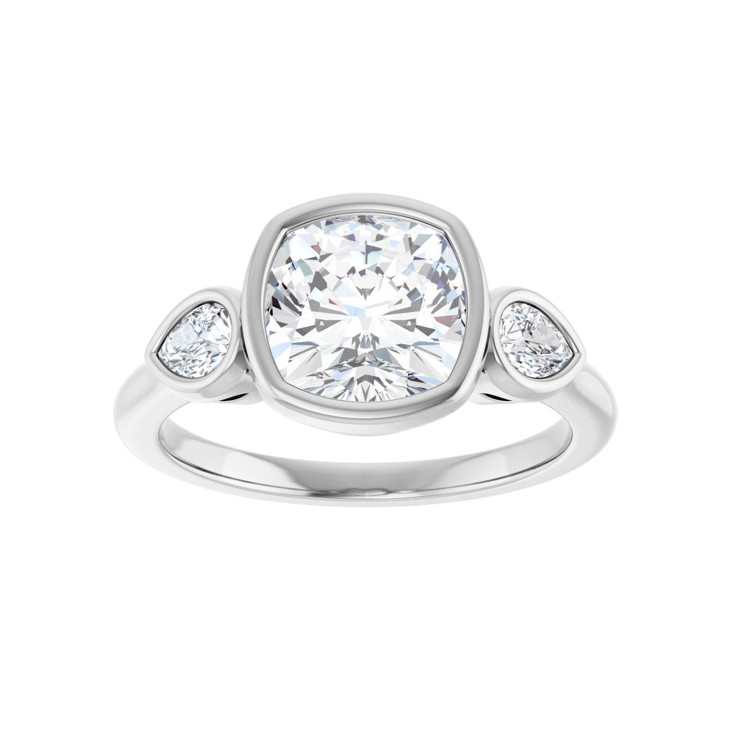 Cushion Bezel-Set Three-Stone Engagement Ring | Metal Type=14K White Gold | Center Stone Size=2.5 CT | Image 3