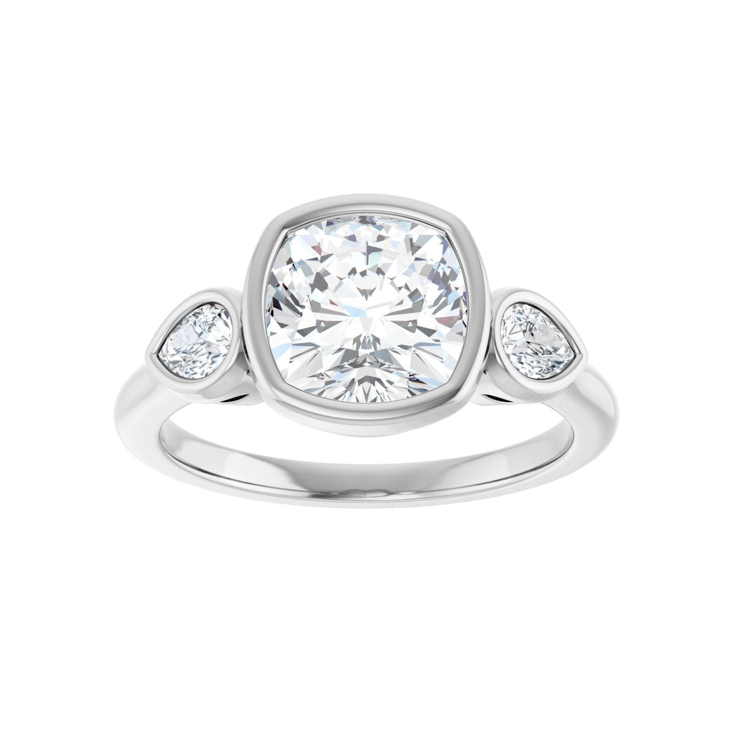Cushion Bezel-Set Three-Stone Engagement Ring | Metal Type=14K White Gold | Center Stone Size=2.5 CT | Image 3