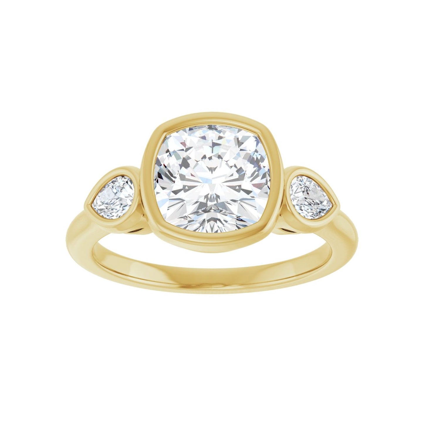 Cushion Bezel-Set Three-Stone Engagement Ring | Metal Type=14K Yellow Gold | Center Stone Size=2.5 CT | Image 3