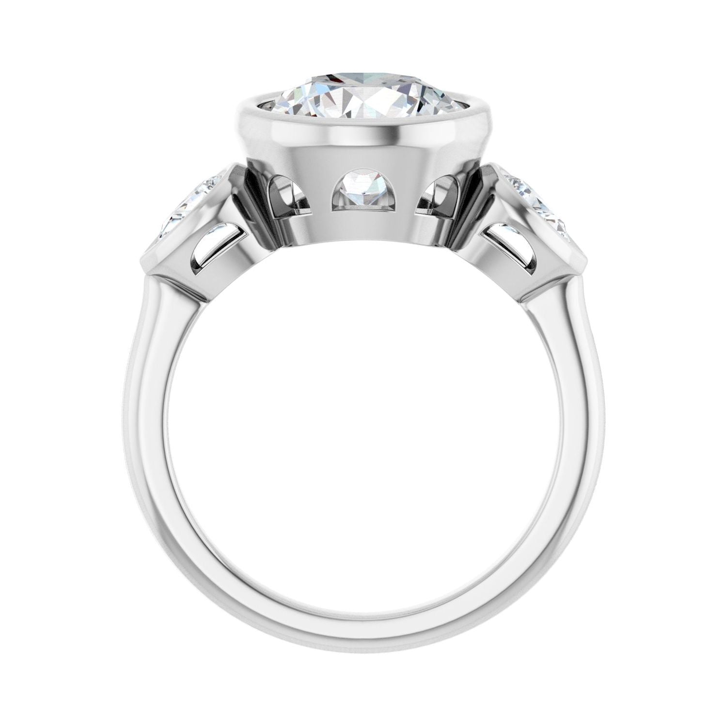 Round Bezel-Set Three-Stone Engagement Ring | Metal Type=14K White Gold | Center Stone Size=3 CT | Image 2