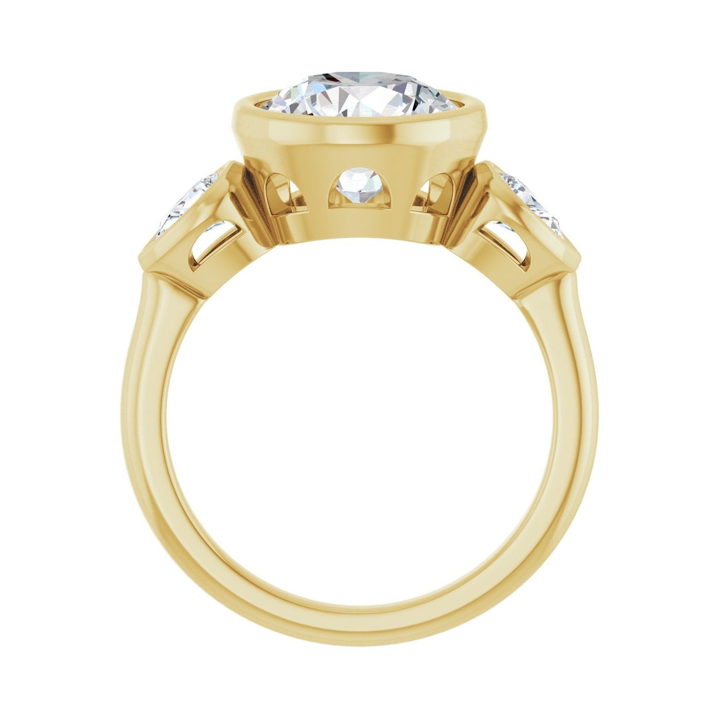 Round Bezel-Set Three-Stone Engagement Ring | Metal Type=14K Yellow Gold | Center Stone Size=3 CT | Image 2