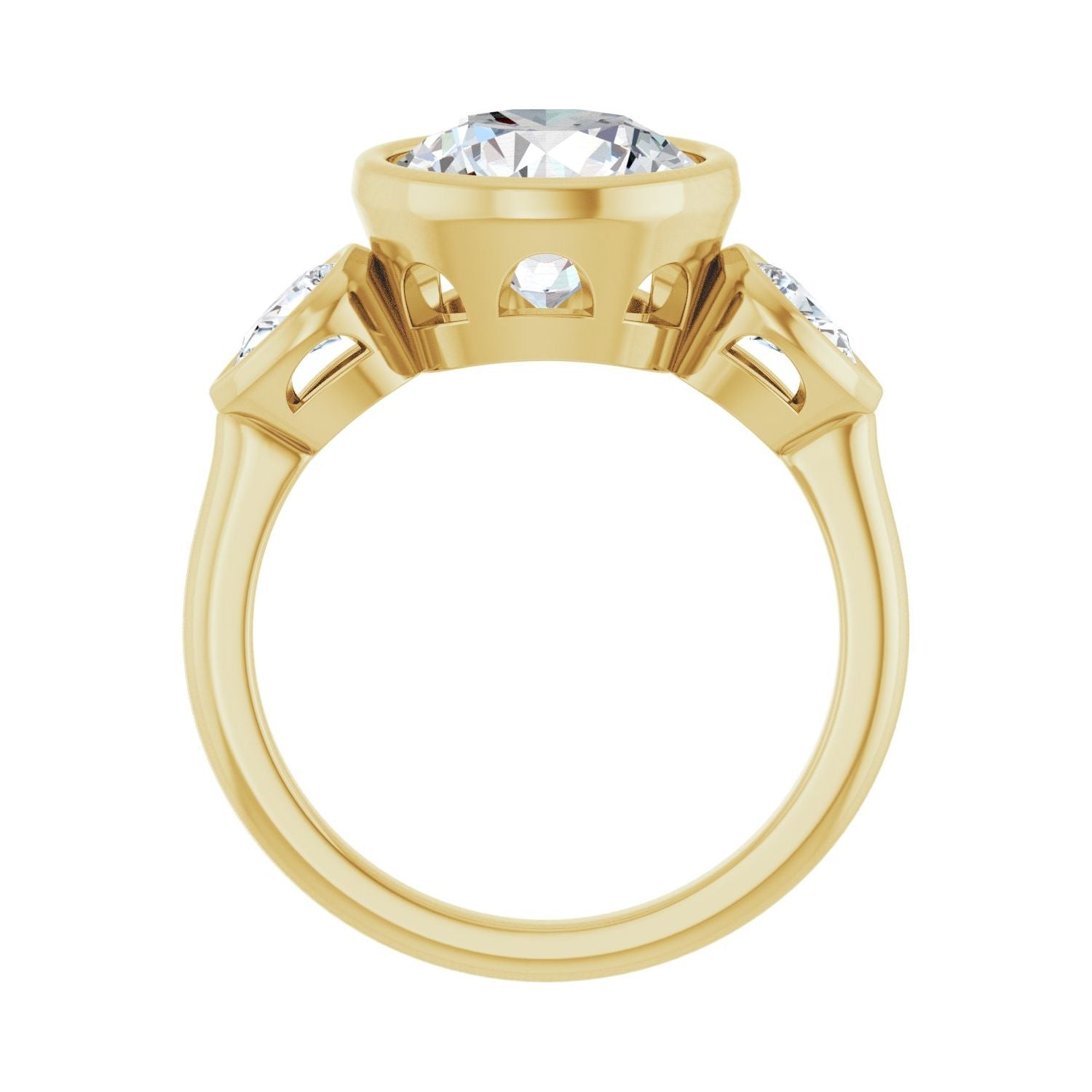 Round Bezel-Set Three-Stone Engagement Ring | Metal Type=14K Yellow Gold | Center Stone Size=3 CT | Image 2