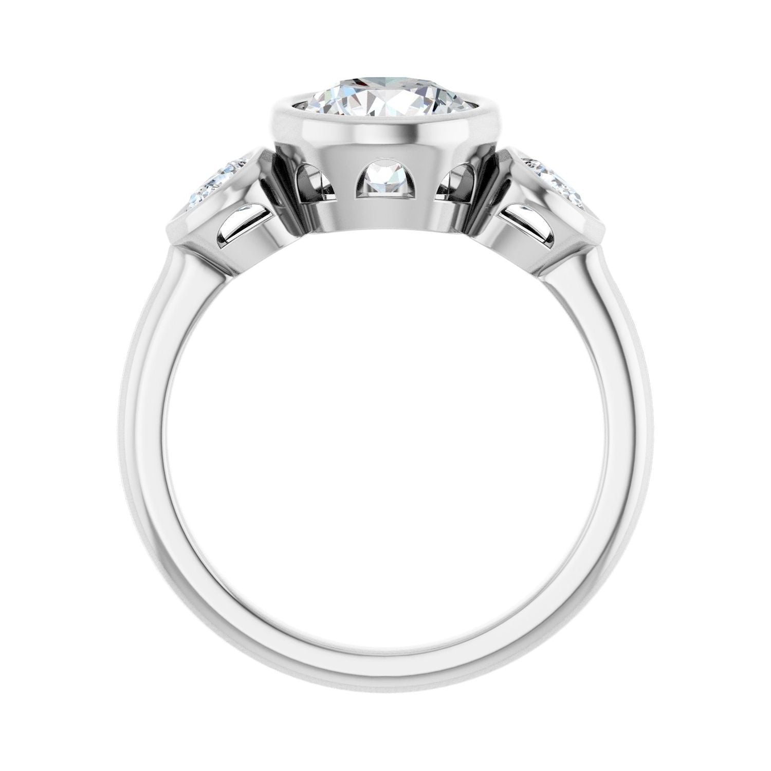 Round Bezel-Set Three-Stone Engagement Ring | Metal Type=14K White Gold | Center Stone Size=1.5 CT | Image 2