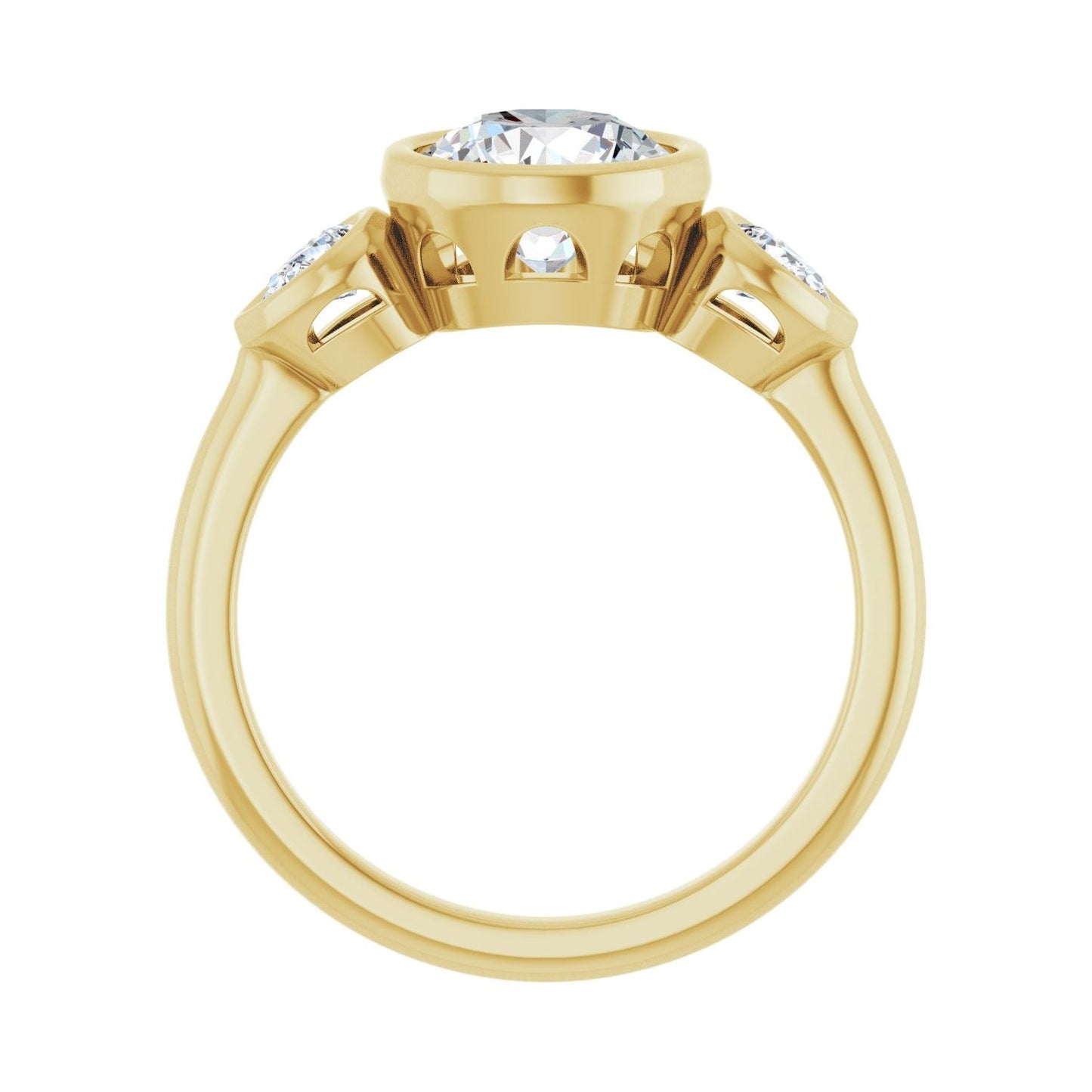 Round Bezel-Set Three-Stone Engagement Ring | Metal Type=14K Yellow Gold | Center Stone Size=1.5 CT | Image 2