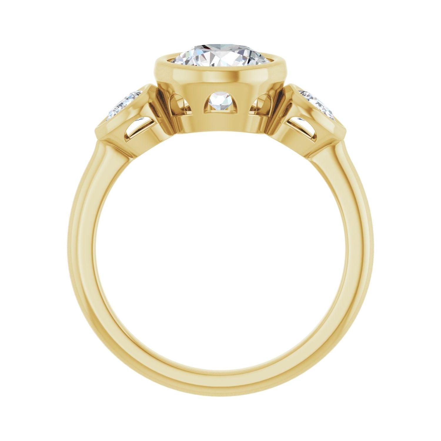 Round Bezel-Set Three-Stone Engagement Ring | Metal Type=14K Yellow Gold | Center Stone Size=1.5 CT | Image 2