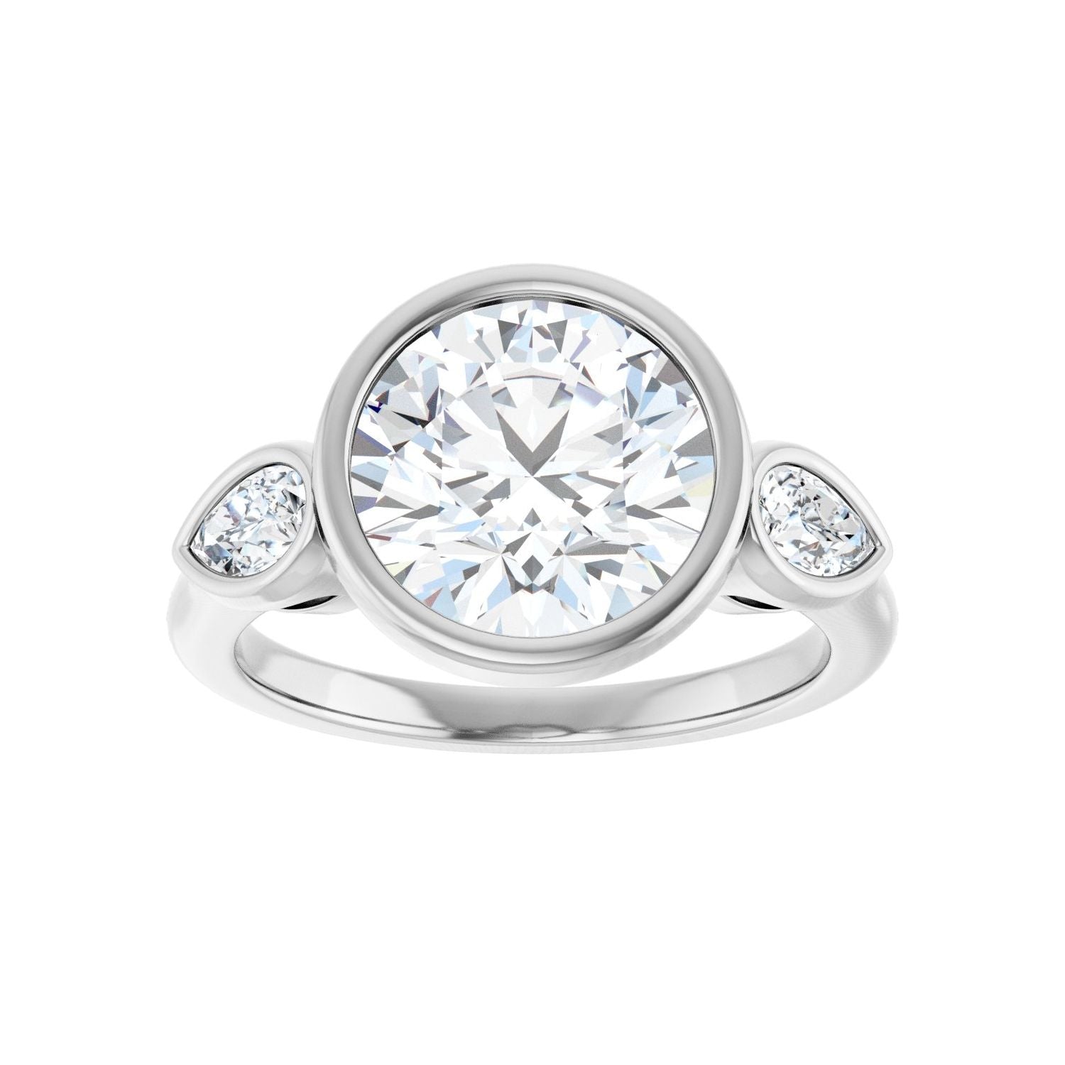 Round Bezel-Set Three-Stone Engagement Ring | Metal Type=14K White Gold | Center Stone Size=3 CT | Image 3