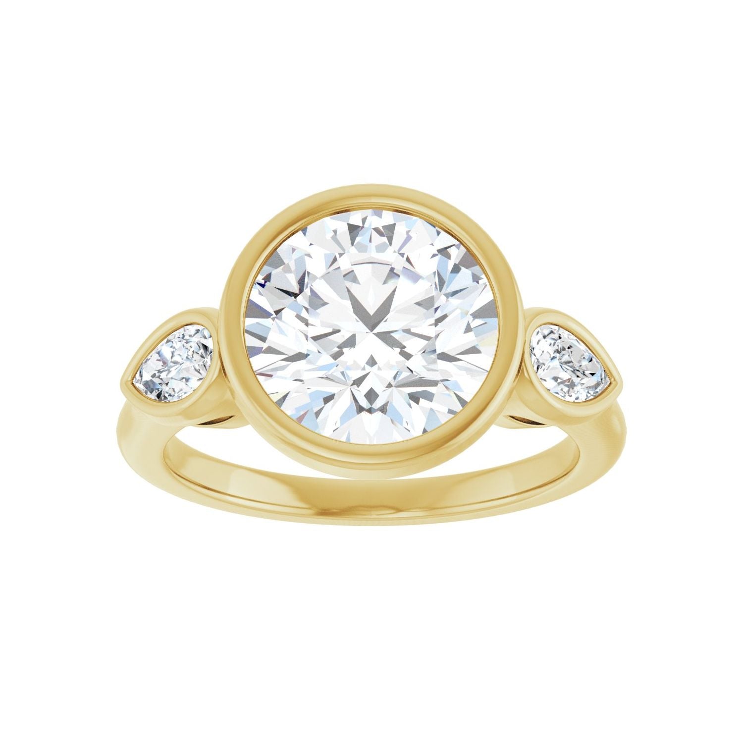 Round Bezel-Set Three-Stone Engagement Ring | Metal Type=14K Yellow Gold | Center Stone Size=3 CT | Image 3