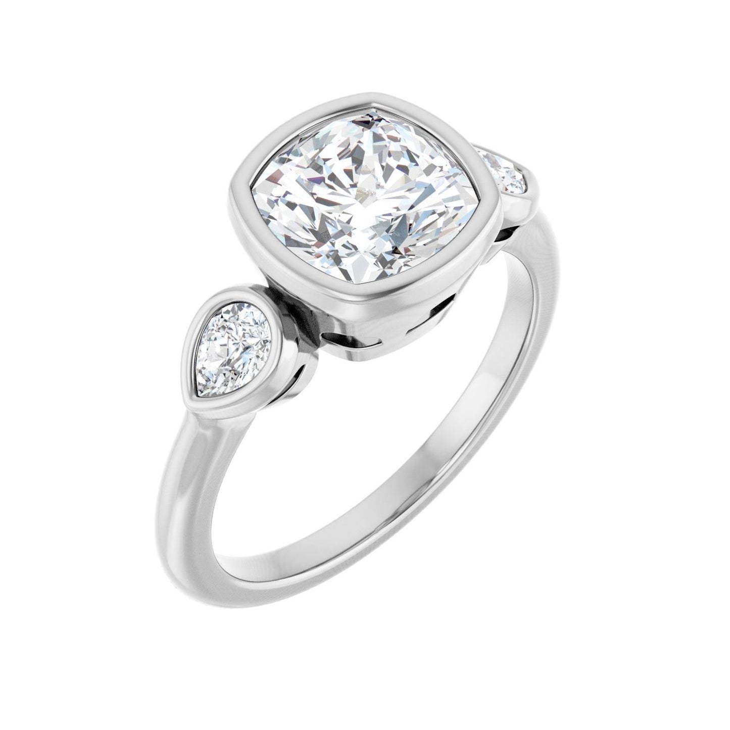 Cushion Bezel-Set Three-Stone Engagement Ring | Metal Type=14K White Gold | Center Stone Size=2.5 CT | Image 1