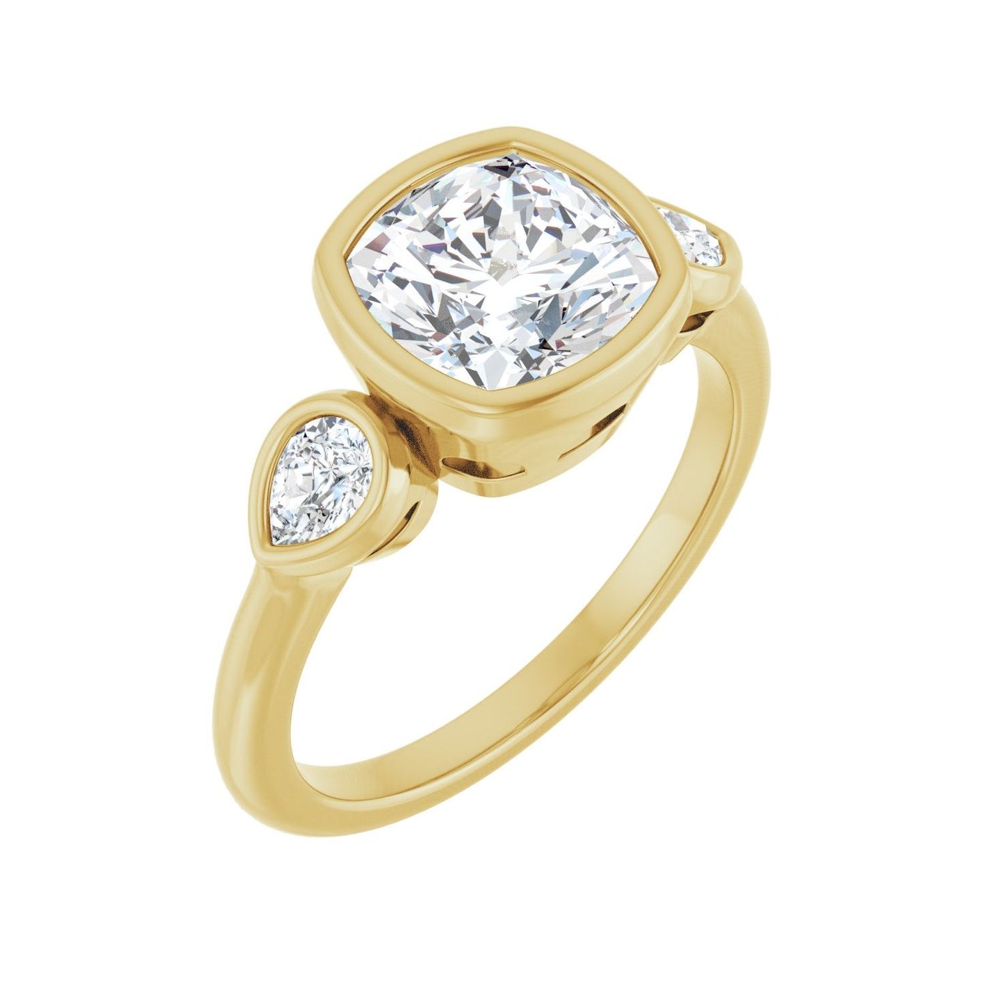 Cushion Bezel-Set Three-Stone Engagement Ring | Metal Type=14K Yellow Gold | Center Stone Size=2.5 CT | Image 1