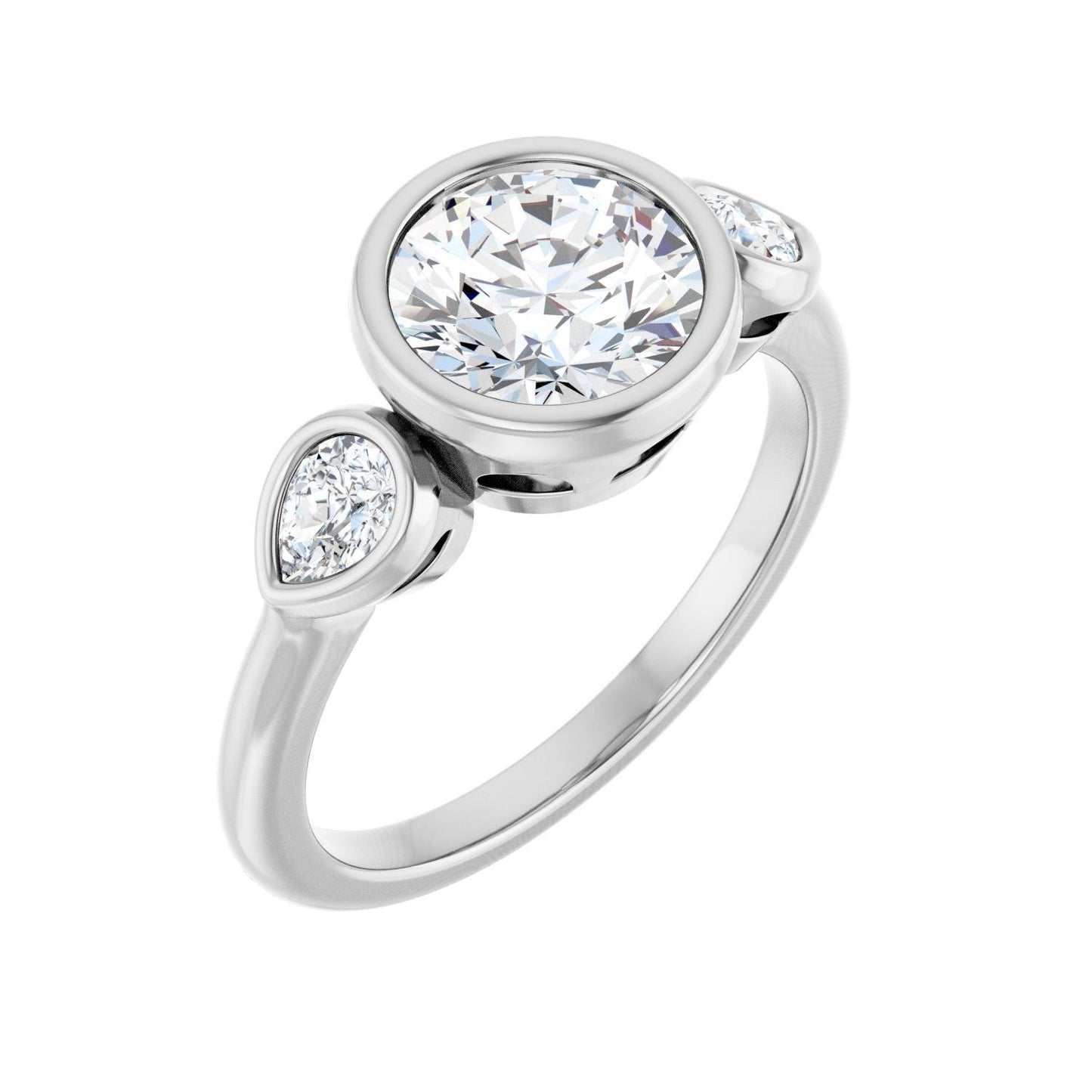 Round Bezel-Set Three-Stone Engagement Ring | Metal Type=14K White Gold | Center Stone Size=1.5 CT | Image 1