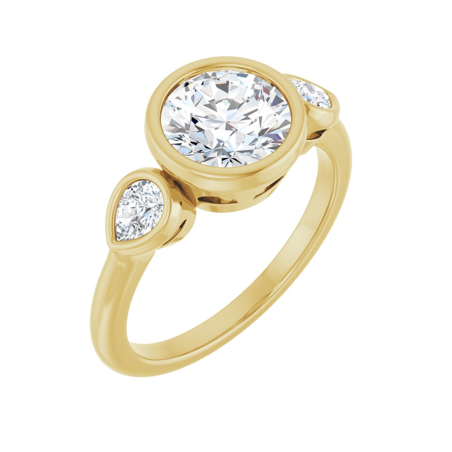 Round Bezel-Set Three-Stone Engagement Ring | Metal Type=14K Yellow Gold | Center Stone Size=1.5 CT | Image 1