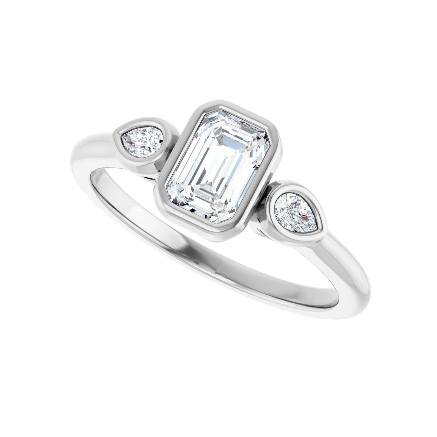 Emerald Bezel-Set Three-Stone Engagement Ring | Metal Type=14K White Gold | Center Stone Size=1 CT | Image 5