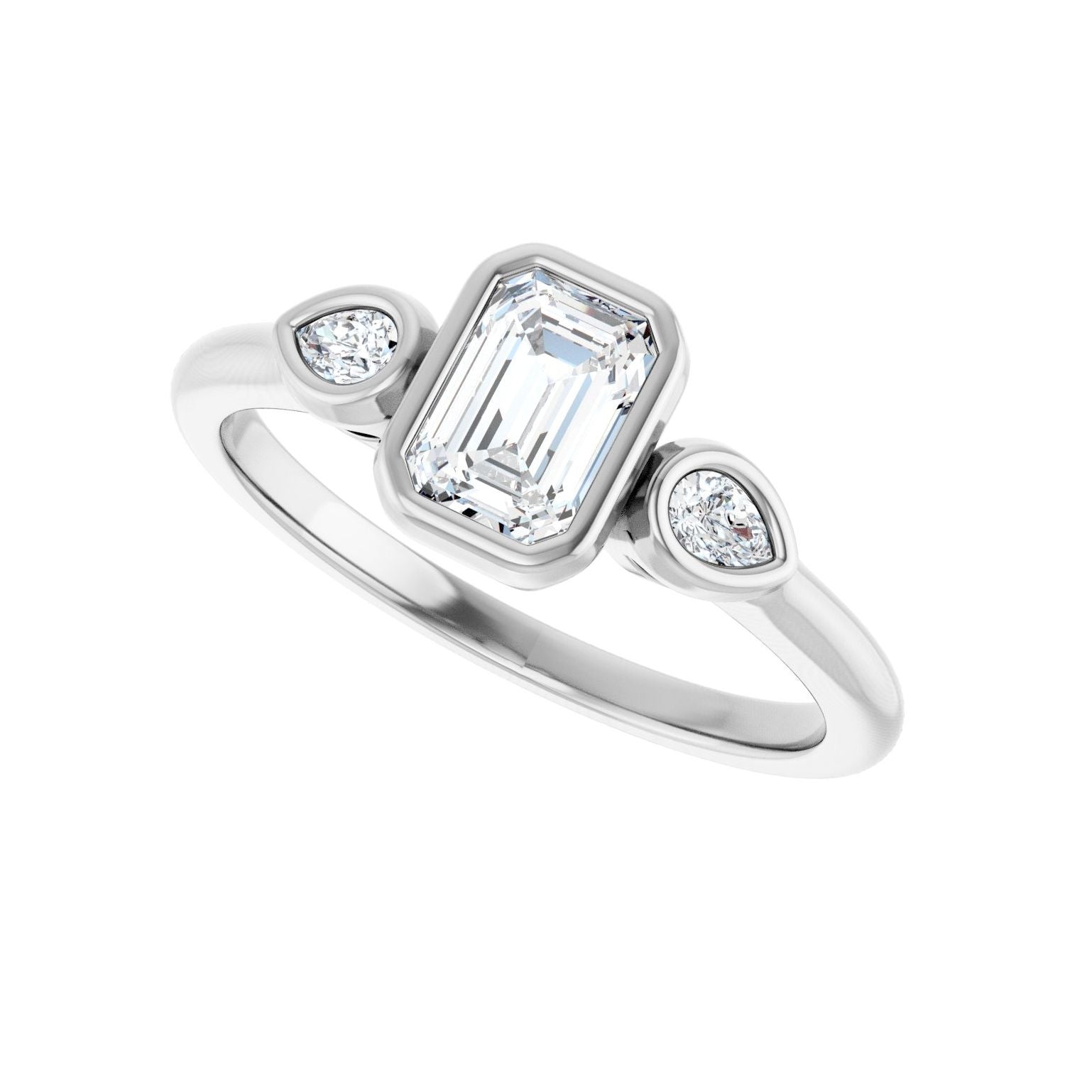 Emerald Bezel-Set Three-Stone Engagement Ring | Metal Type=14K White Gold | Center Stone Size=1 CT | Image 5