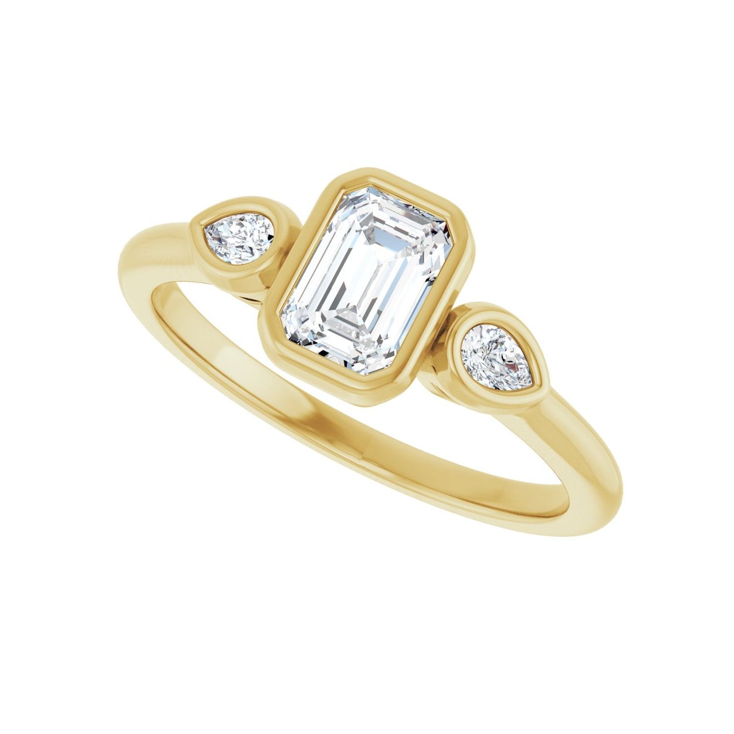 Emerald Bezel-Set Three-Stone Engagement Ring | Metal Type=14K Yellow Gold | Center Stone Size=1 CT | Image 5
