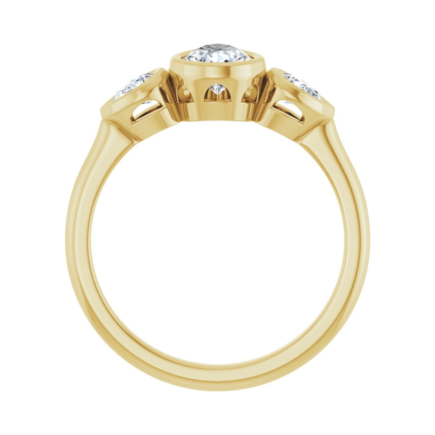 Pear Bezel-Set Three-Stone Engagement Ring | Metal Type=14K Yellow Gold | Center Stone Size=1 CT | Image 2