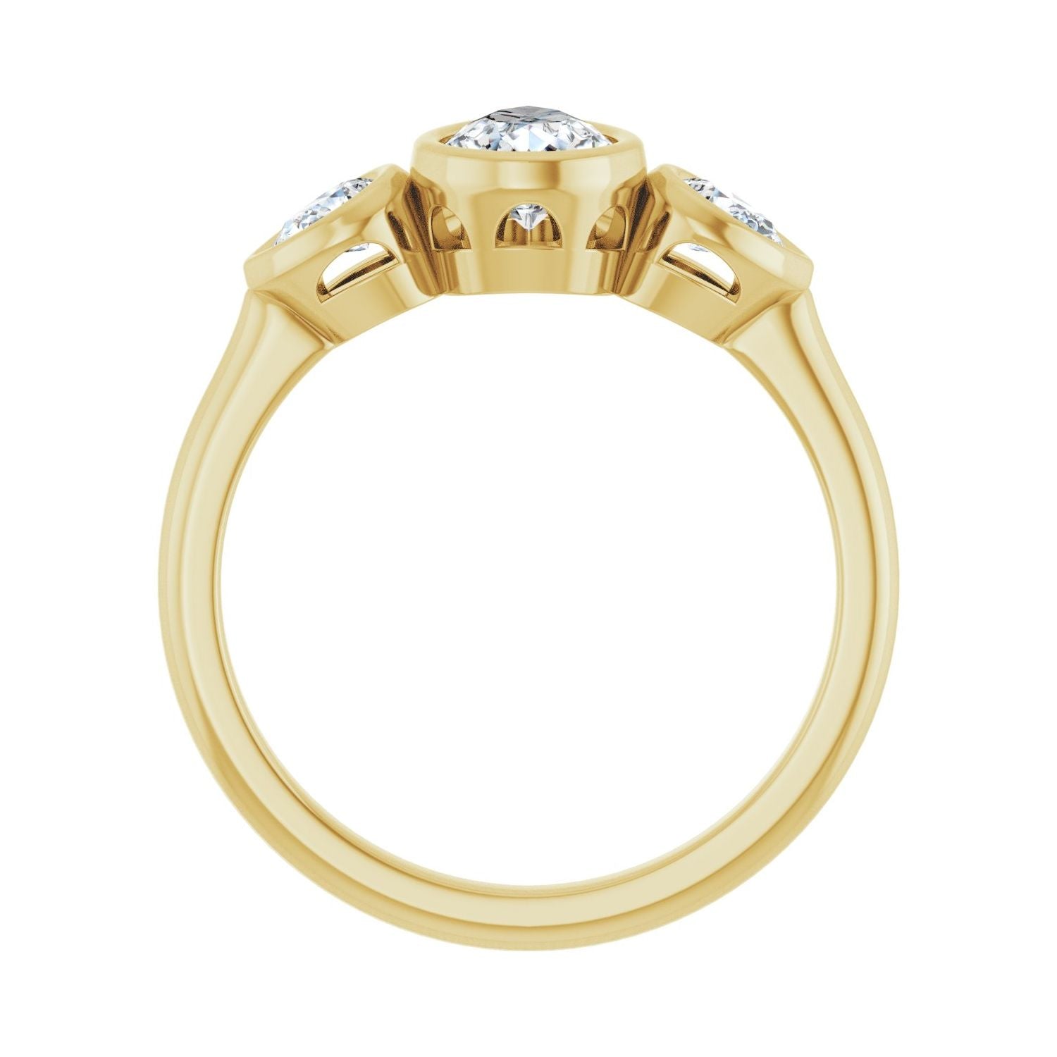 Pear Bezel-Set Three-Stone Engagement Ring | Metal Type=14K Yellow Gold | Center Stone Size=1 CT | Image 2