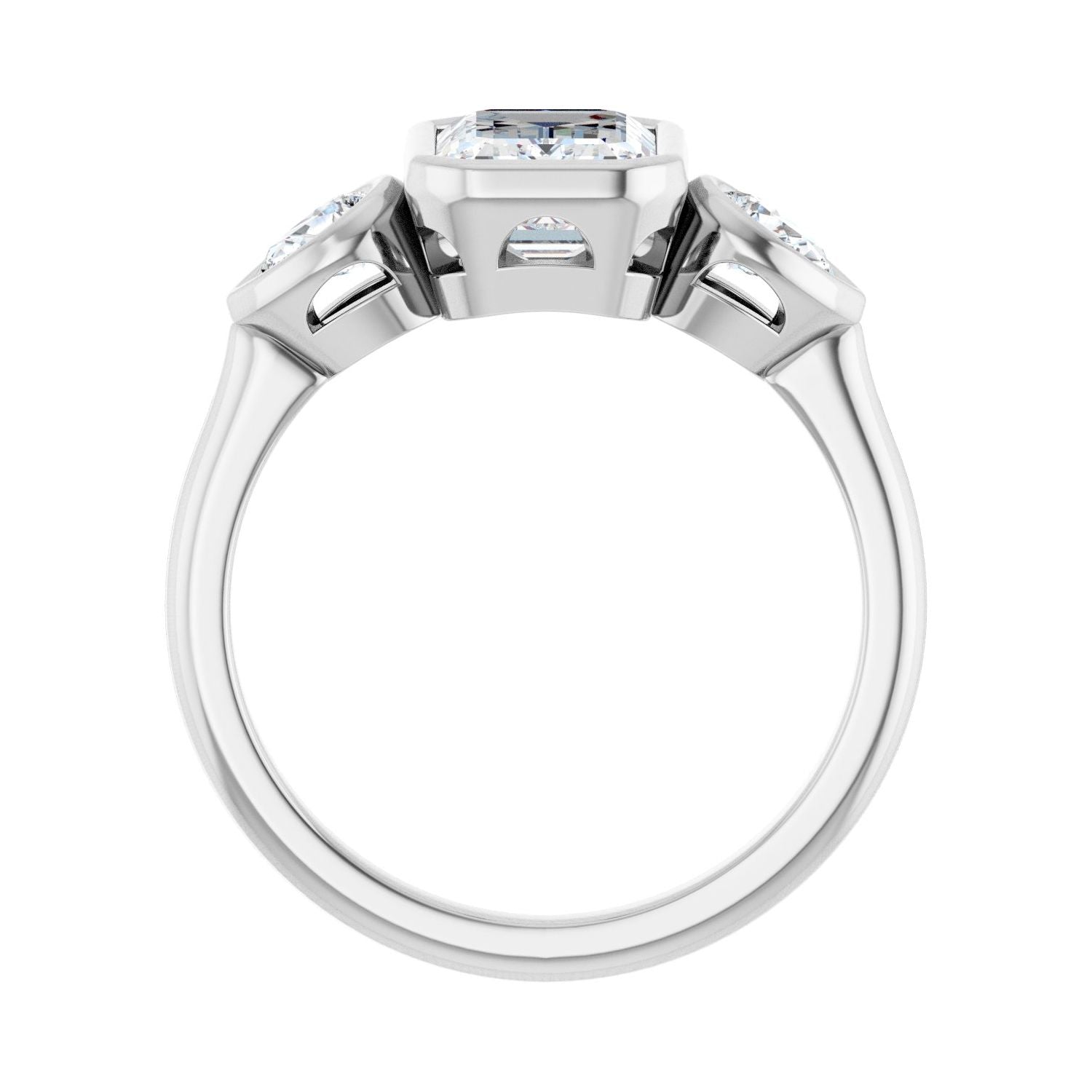 Emerald Bezel-Set Three-Stone Engagement Ring | Metal Type=14K White Gold | Center Stone Size=2 CT | Image 2