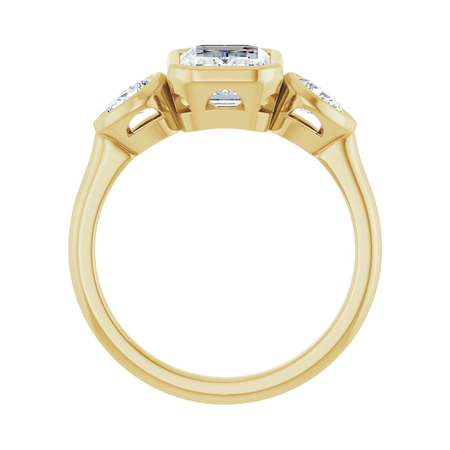 Emerald Bezel-Set Three-Stone Engagement Ring | Metal Type=14K Yellow Gold | Center Stone Size=2 CT | Image 2
