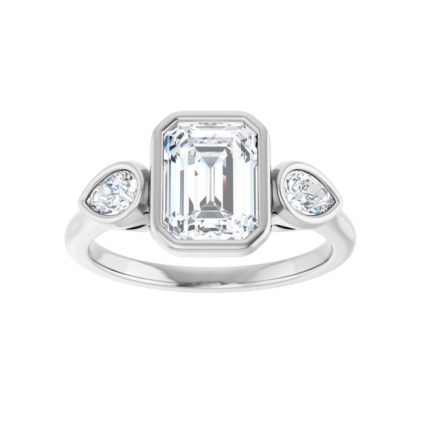 Emerald Bezel-Set Three-Stone Engagement Ring | Metal Type=14K White Gold | Center Stone Size=2 CT | Image 3