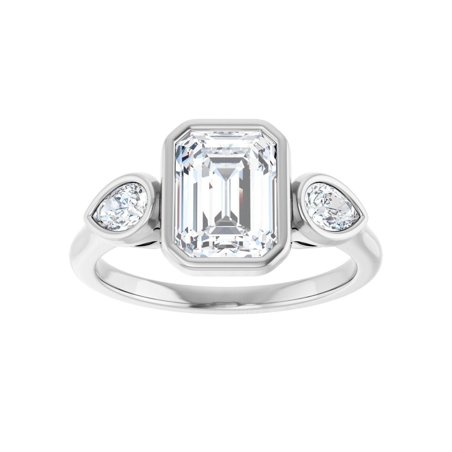 Emerald Bezel-Set Three-Stone Engagement Ring | Metal Type=14K White Gold | Center Stone Size=2 CT | Image 3