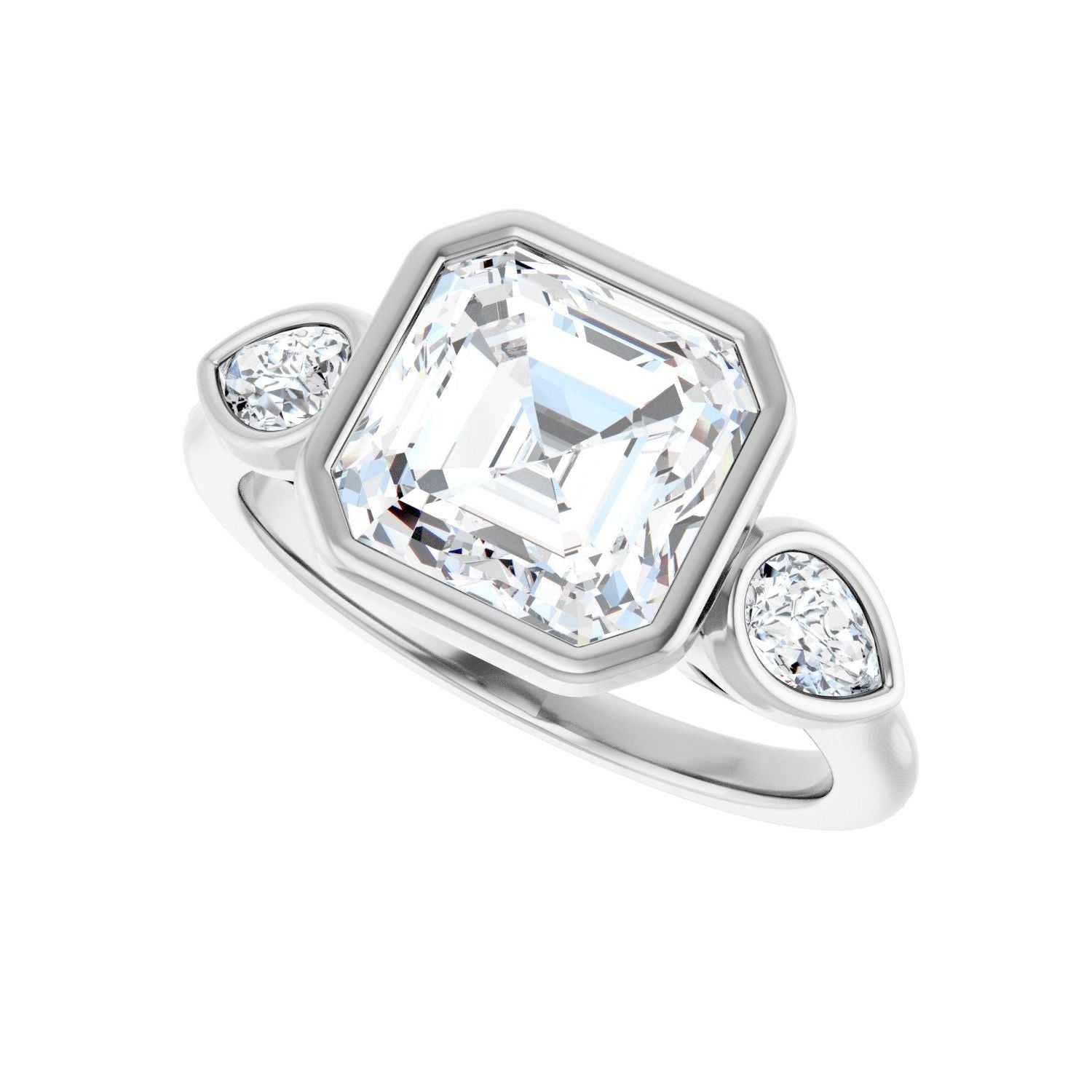 Asscher Bezel-Set Three-Stone Engagement Ring | Metal Type=14K White Gold | Center Stone Size=3 CT | Image 5