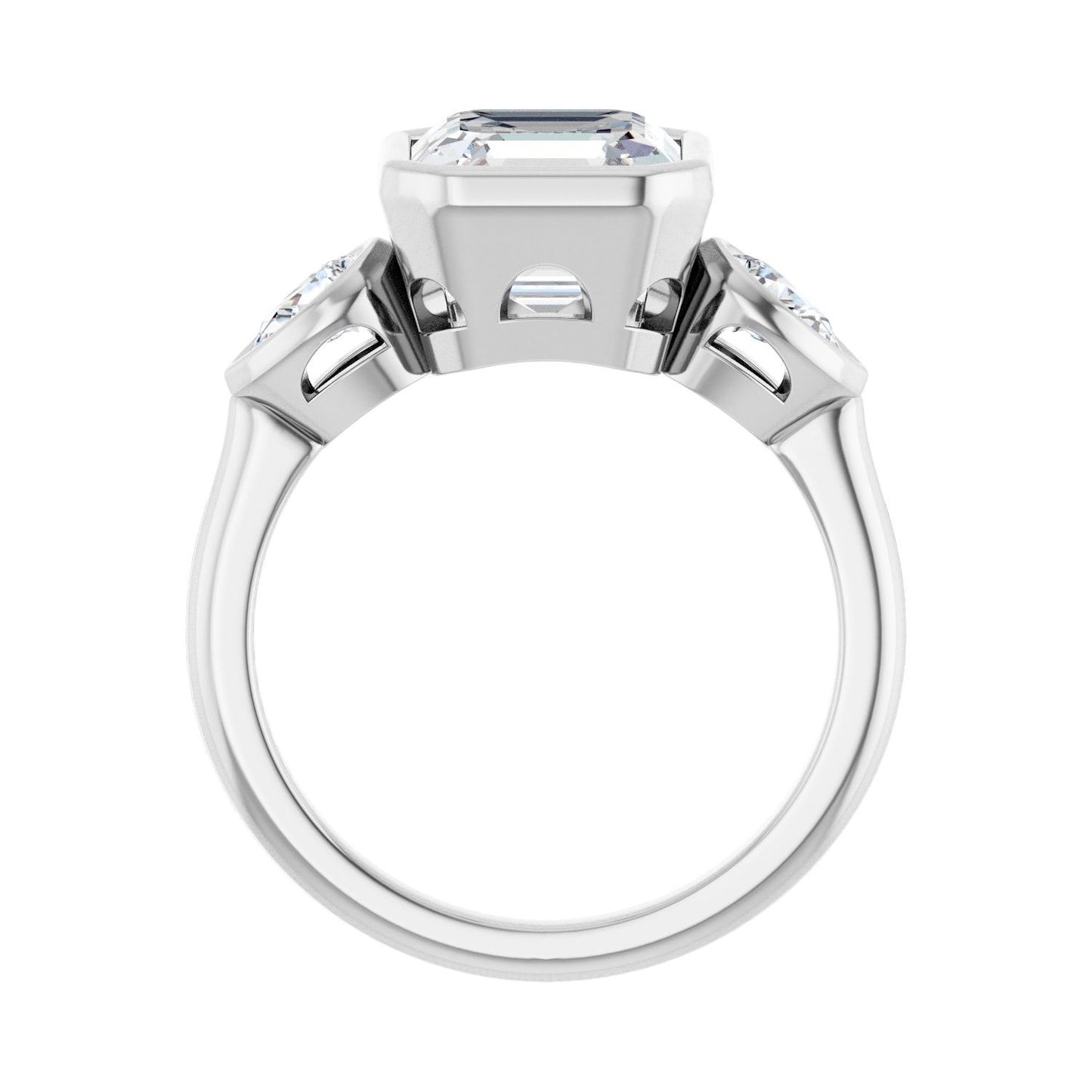 Asscher Bezel-Set Three-Stone Engagement Ring | Metal Type=14K White Gold | Center Stone Size=3 CT | Image 2