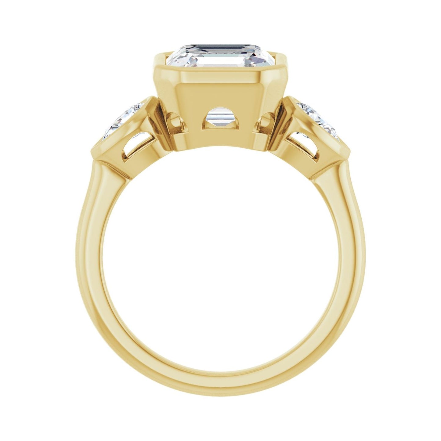 Asscher Bezel-Set Three-Stone Engagement Ring | Metal Type=14K Yellow Gold | Center Stone Size=3 CT | Image 2