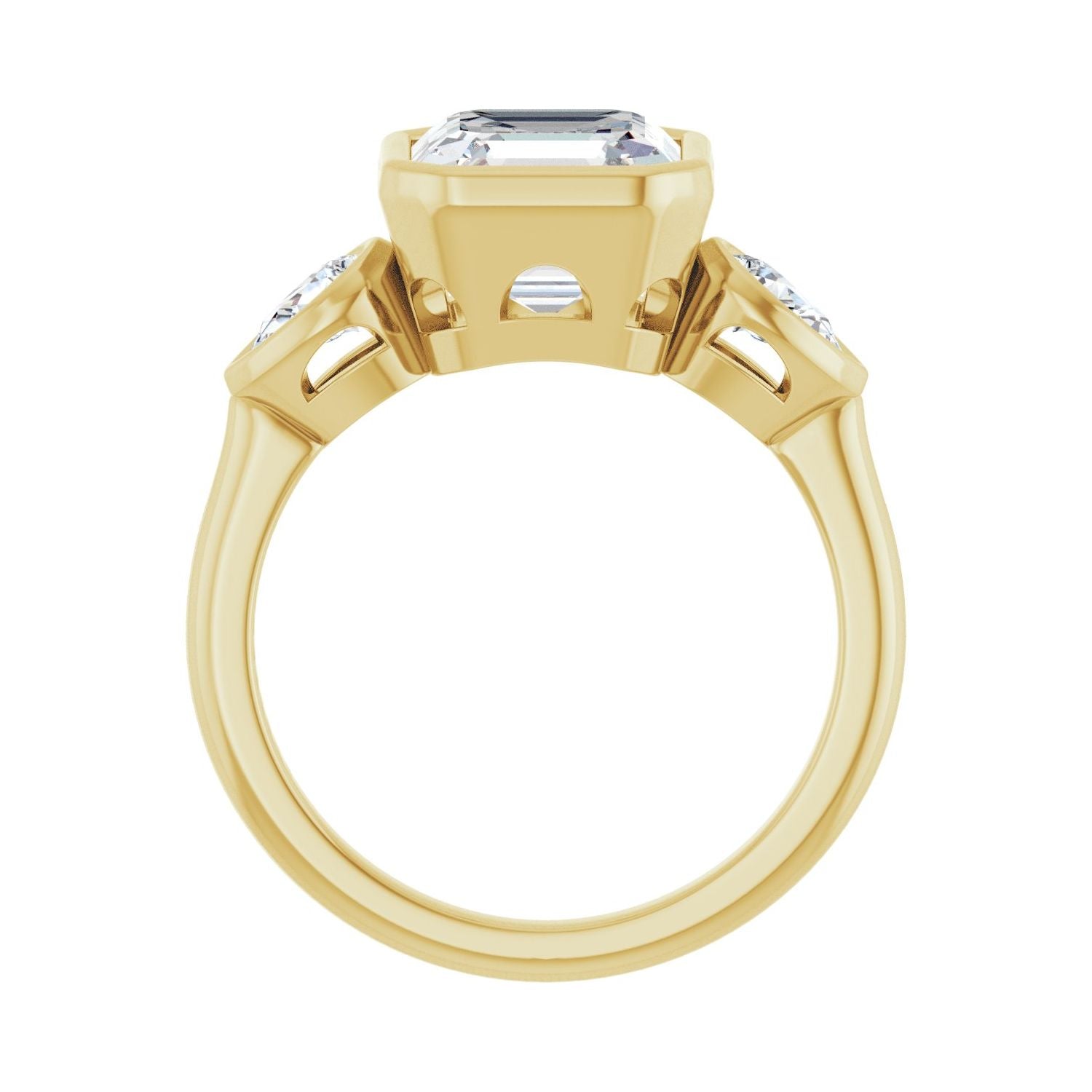Asscher Bezel-Set Three-Stone Engagement Ring | Metal Type=14K Yellow Gold | Center Stone Size=3 CT | Image 2