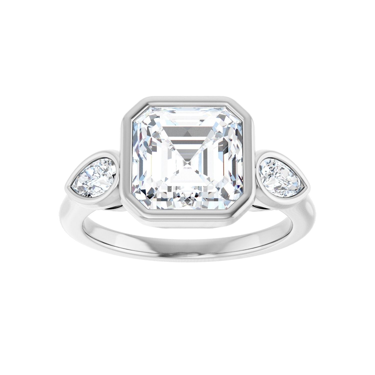 Asscher Bezel-Set Three-Stone Engagement Ring | Metal Type=14K White Gold | Center Stone Size=3 CT | Image 3