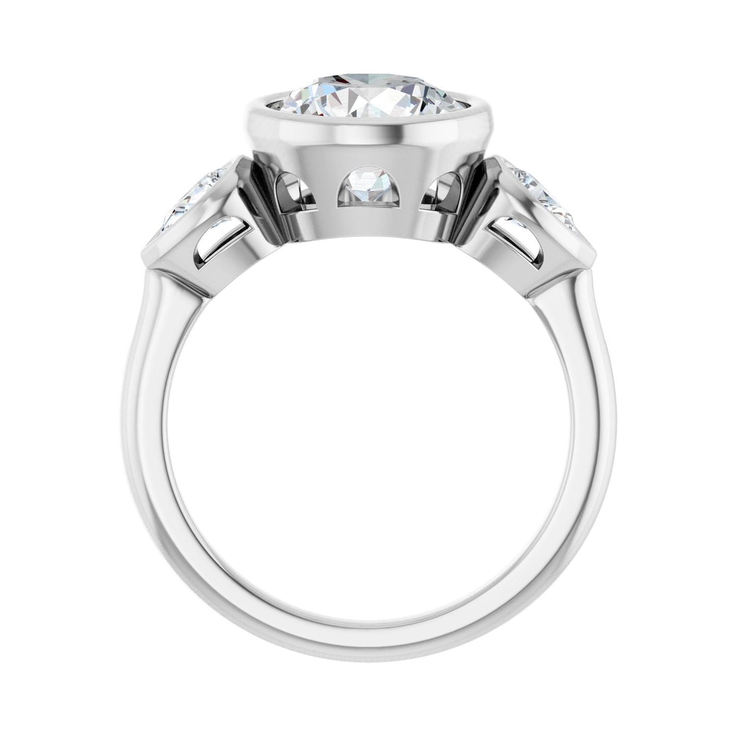 Round Bezel-Set Three-Stone Engagement Ring | Metal Type=14K White Gold | Center Stone Size=2.5 CT | Image 2