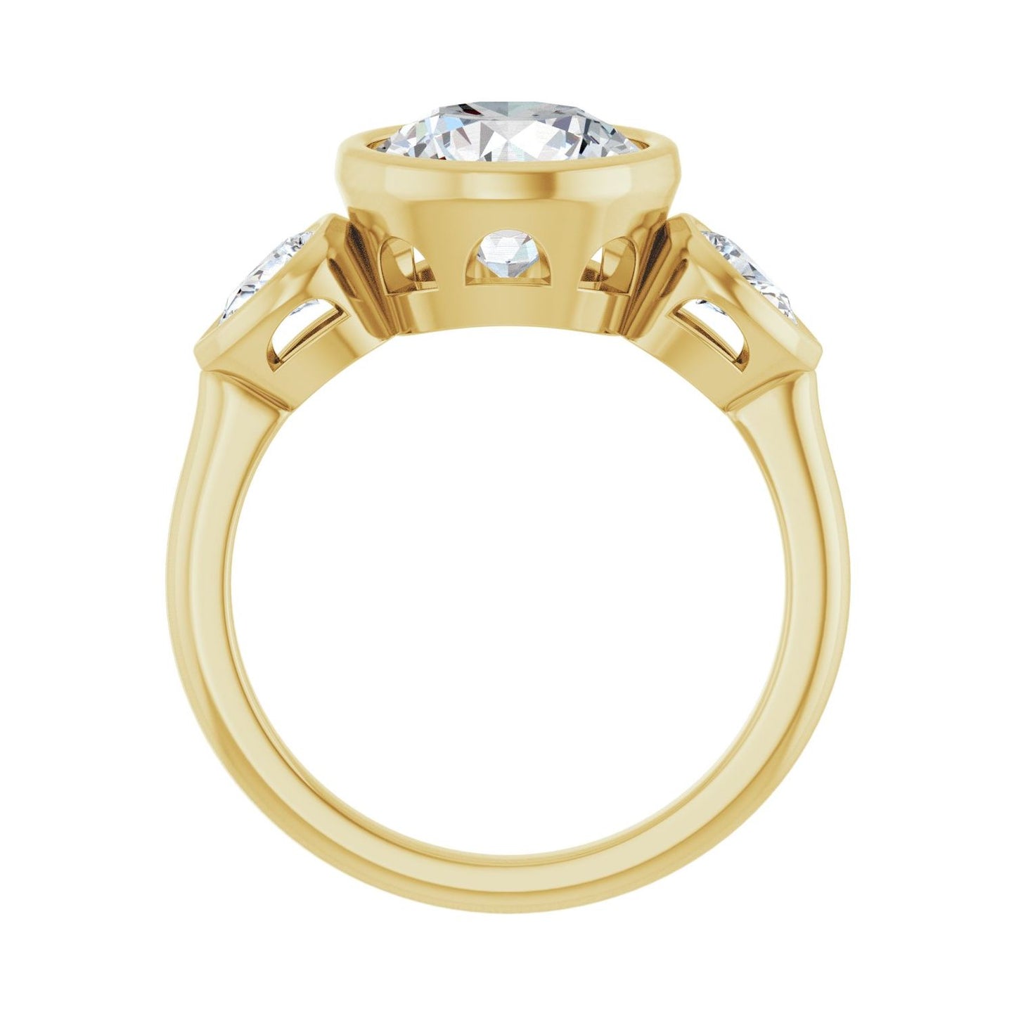 Round Bezel-Set Three-Stone Engagement Ring | Metal Type=14K Yellow Gold | Center Stone Size=2.5 CT | Image 2