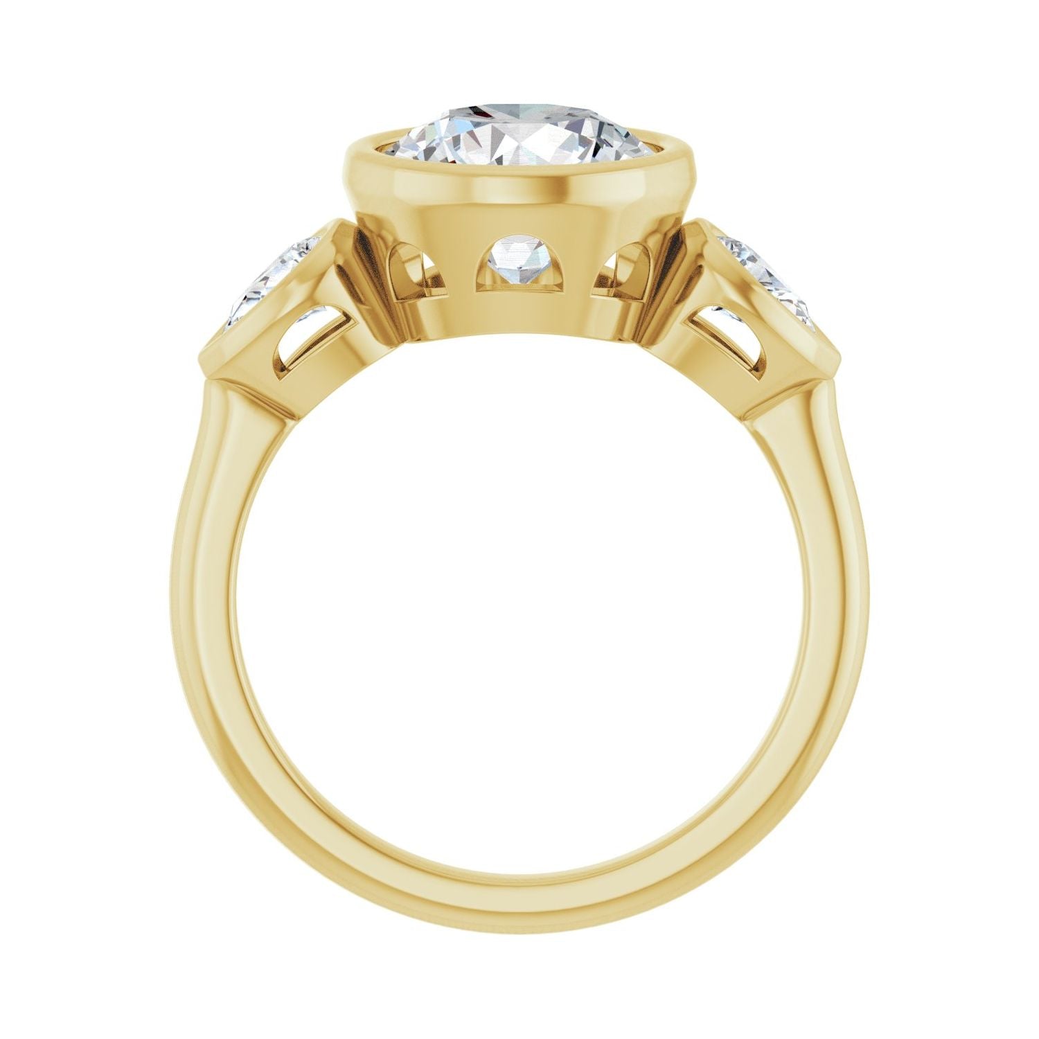 Round Bezel-Set Three-Stone Engagement Ring | Metal Type=14K Yellow Gold | Center Stone Size=2.5 CT | Image 2