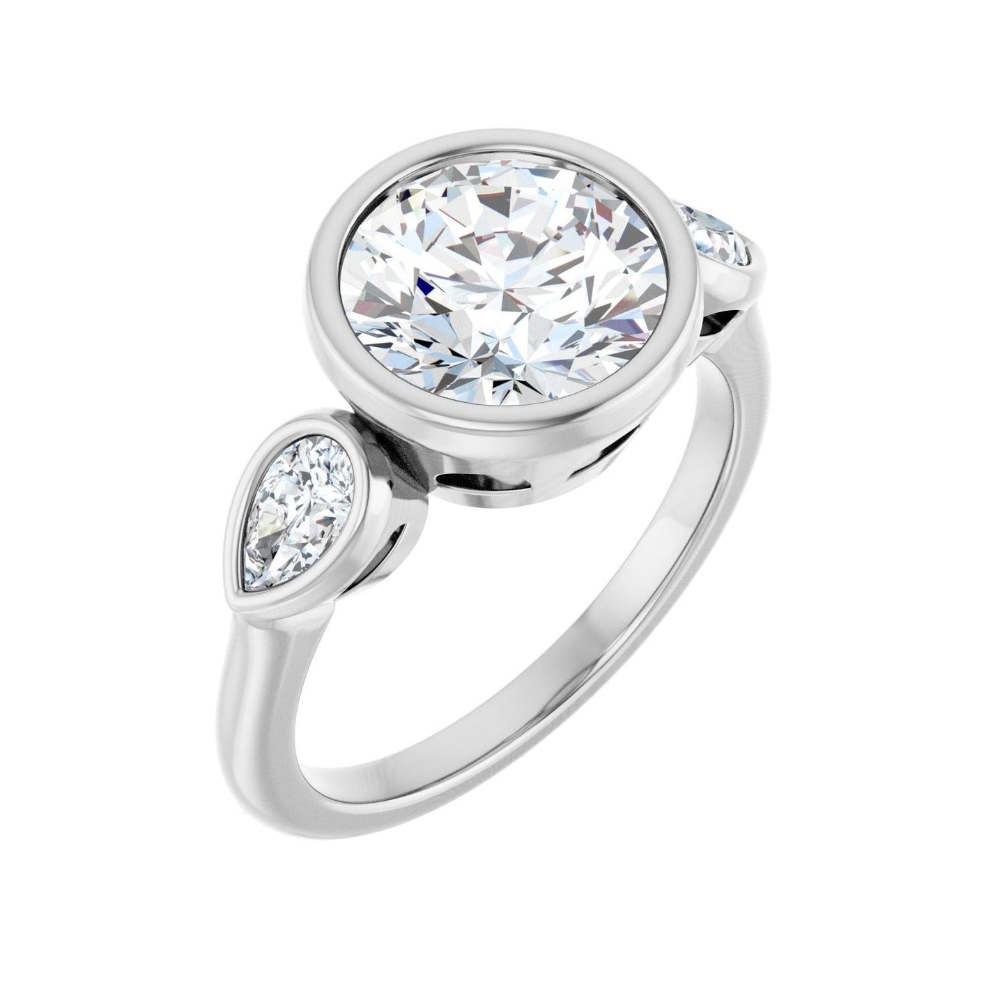Round Bezel-Set Three-Stone Engagement Ring | Metal Type=14K White Gold | Center Stone Size=2.5 CT | Image 1