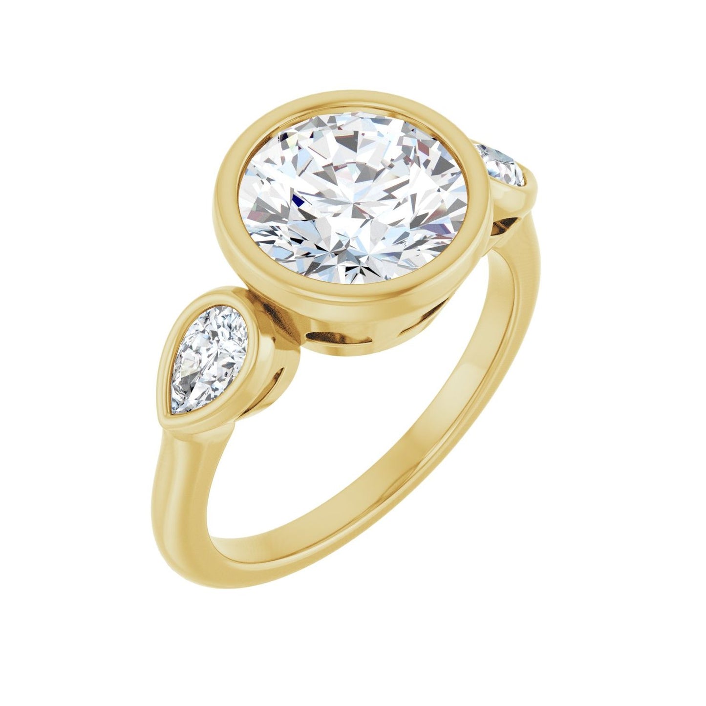 Round Bezel-Set Three-Stone Engagement Ring | Metal Type=14K Yellow Gold | Center Stone Size=2.5 CT | Image 1