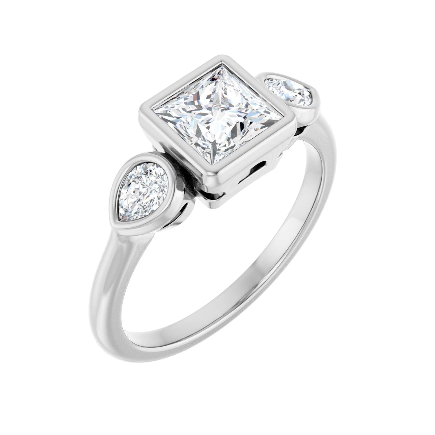 Square Bezel-Set Three-Stone Engagement Ring | Metal Type=14K White Gold | Center Stone Size=1 CT | Image 1