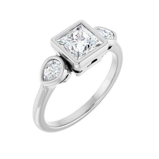 Square Bezel-Set Three-Stone Engagement Ring | Metal Type=14K White Gold | Center Stone Size=1 CT | Image 1