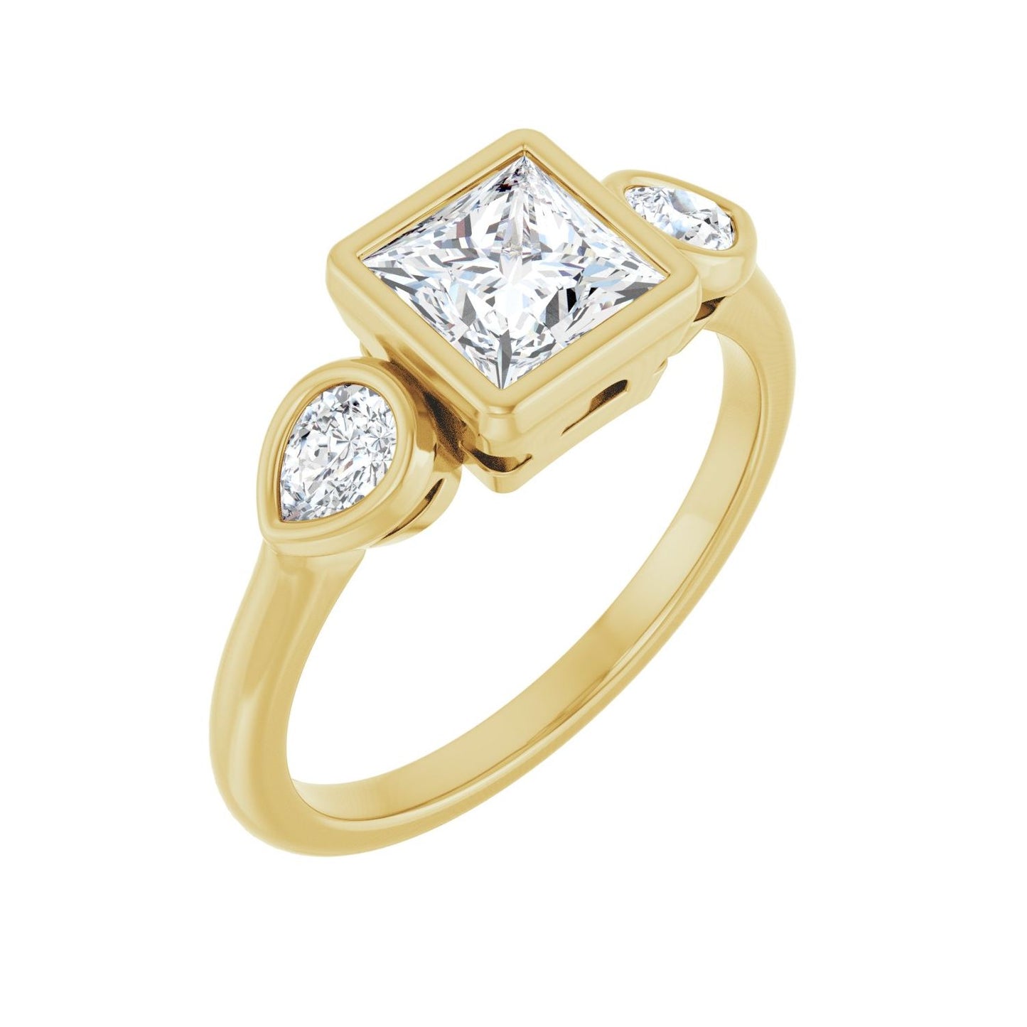 Square Bezel-Set Three-Stone Engagement Ring | Metal Type=14K Yellow Gold | Center Stone Size=1 CT | Image 1