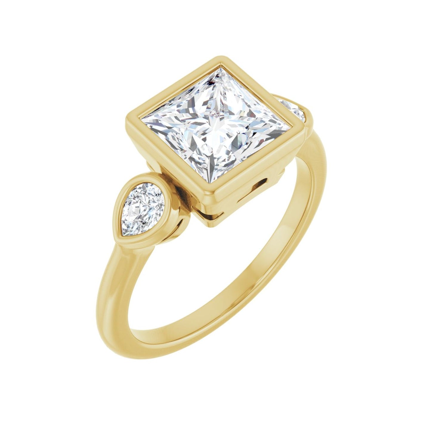 Square Bezel-Set Three-Stone Engagement Ring | Metal Type=14K Yellow Gold | Center Stone Size=2 CT | Image 1