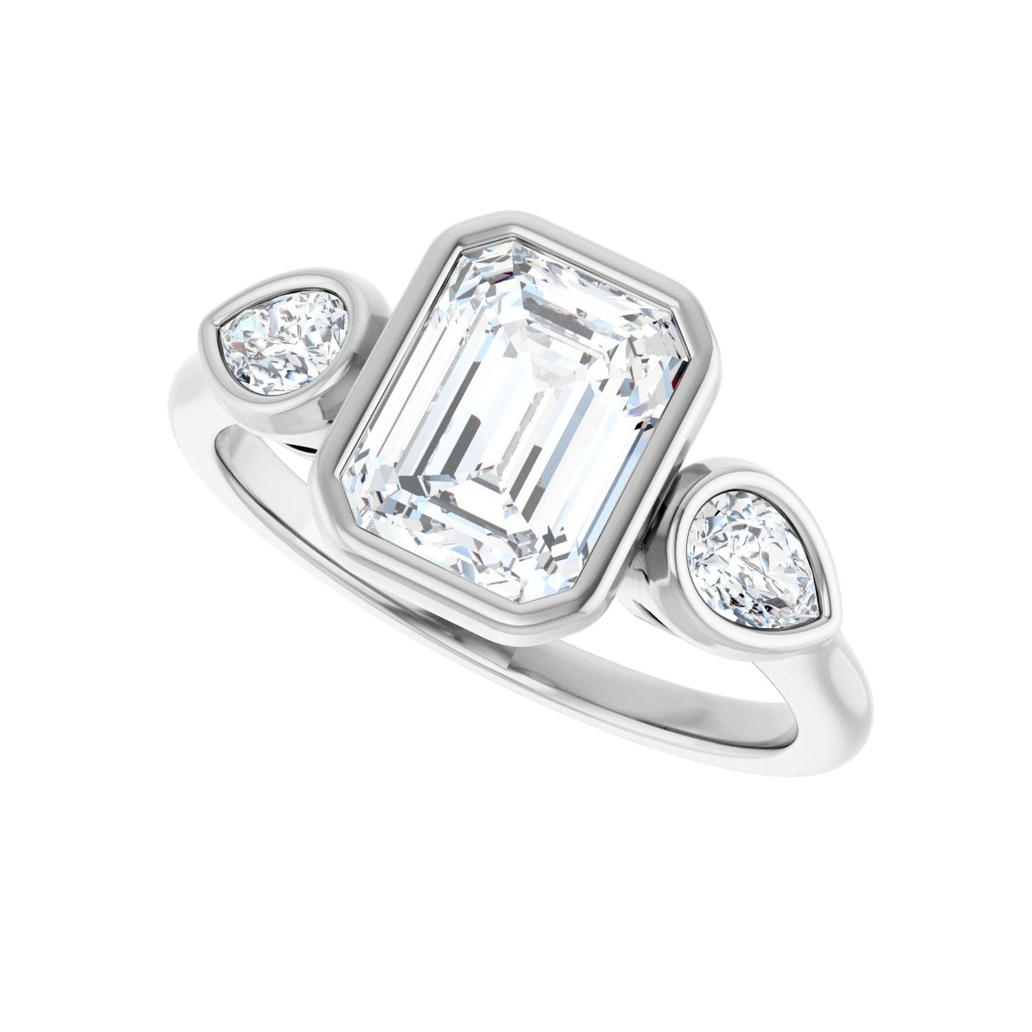 Emerald Bezel-Set Three-Stone Engagement Ring | Metal Type=14K White Gold | Center Stone Size=2 CT | Image 5