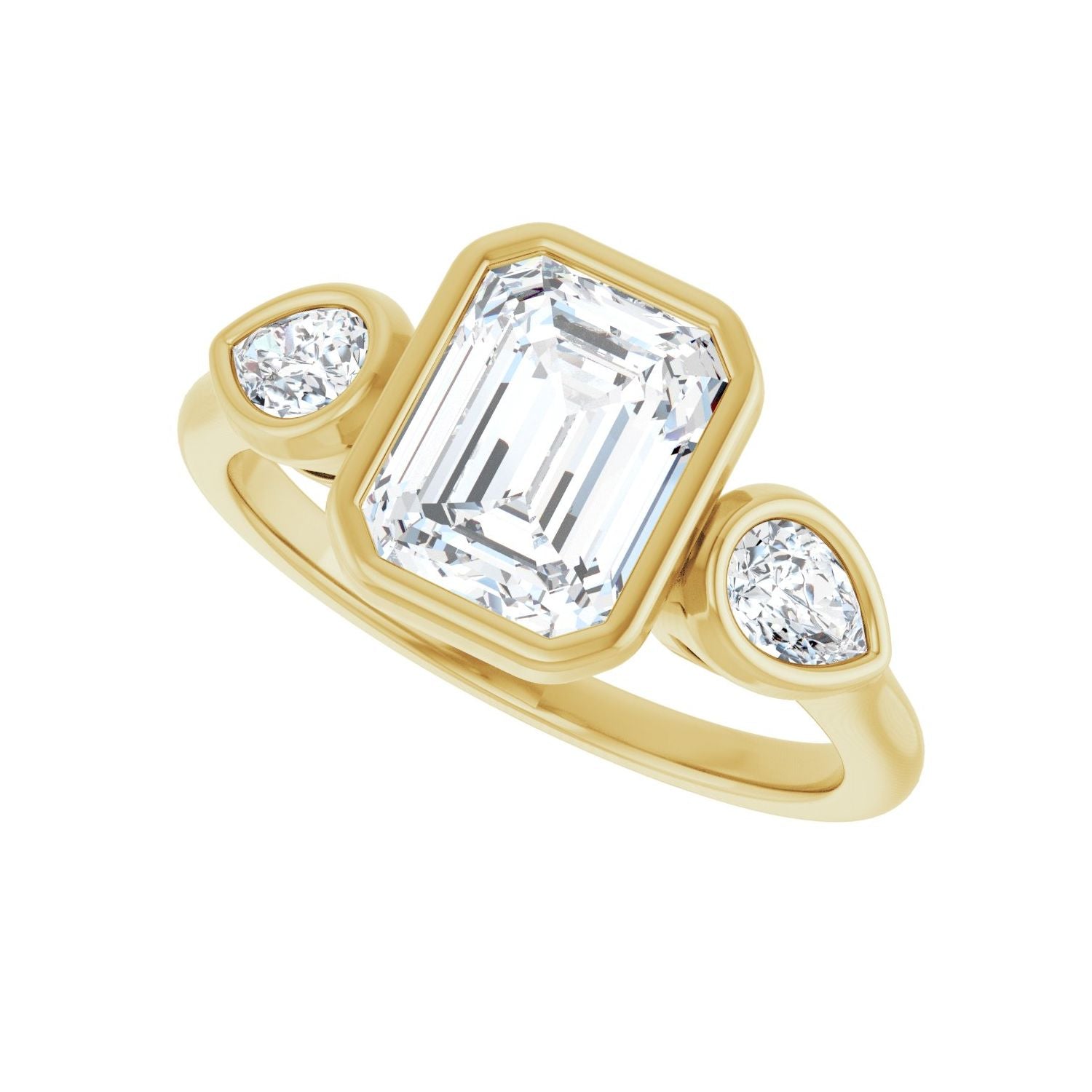 Emerald Bezel-Set Three-Stone Engagement Ring | Metal Type=14K Yellow Gold | Center Stone Size=2 CT | Image 5