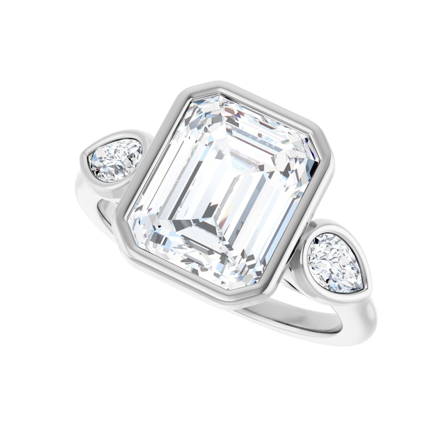 Emerald Bezel-Set Three-Stone Engagement Ring | Metal Type=14K White Gold | Center Stone Size=3 CT | Image 5