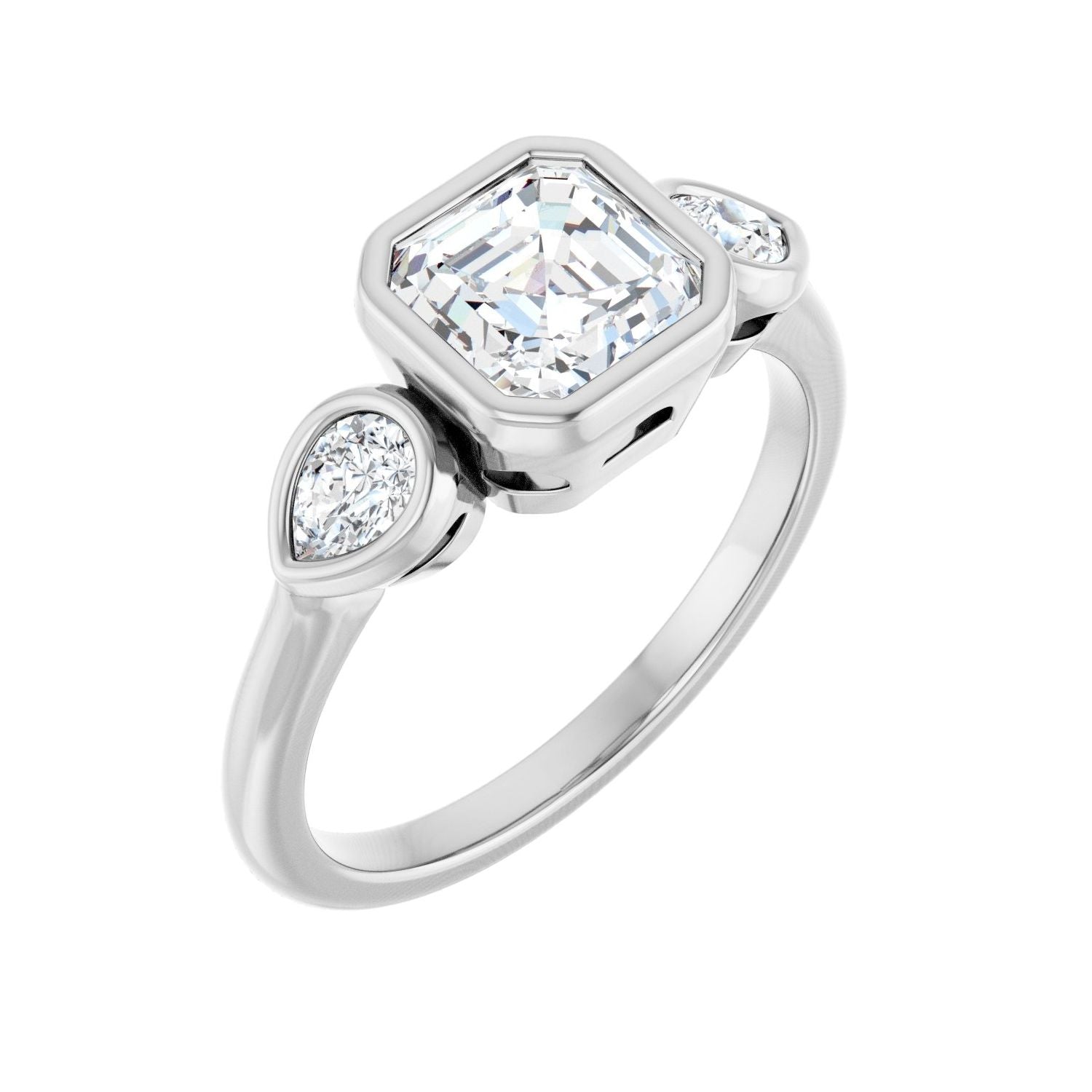 Asscher Bezel-Set Three-Stone Engagement Ring | Metal Type=14K White Gold | Center Stone Size=1 CT | Image 1