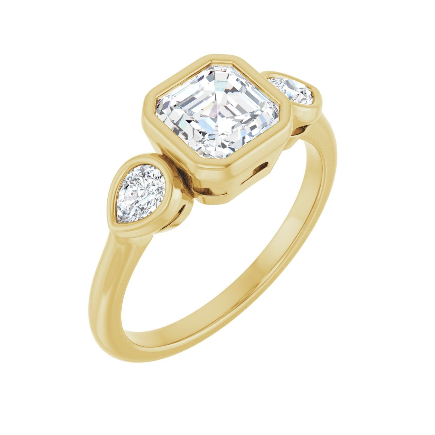 Asscher Bezel-Set Three-Stone Engagement Ring | Metal Type=14K Yellow Gold | Center Stone Size=1 CT | Image 1