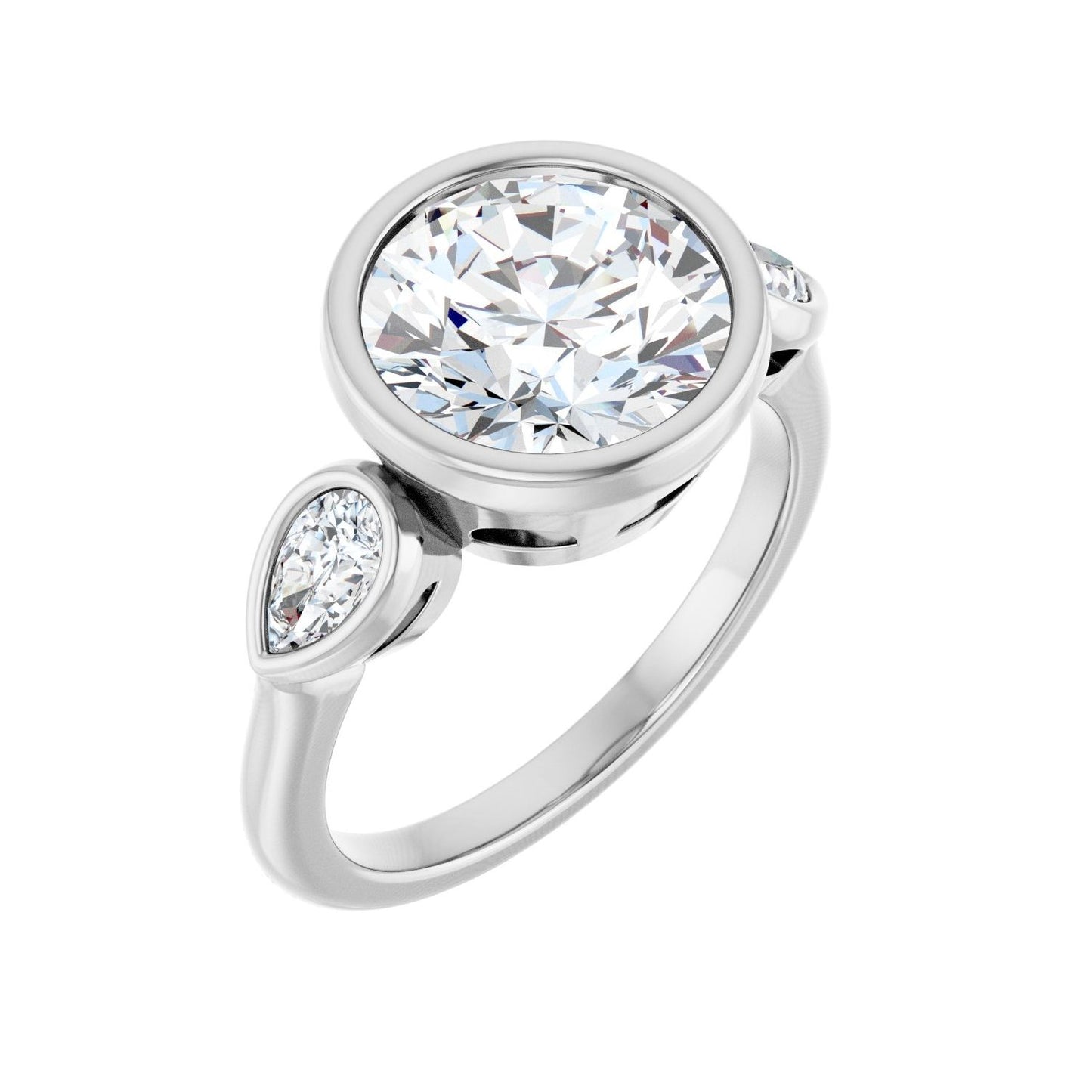 Round Bezel-Set Three-Stone Engagement Ring | Metal Type=14K White Gold | Center Stone Size=3 CT | Image 1