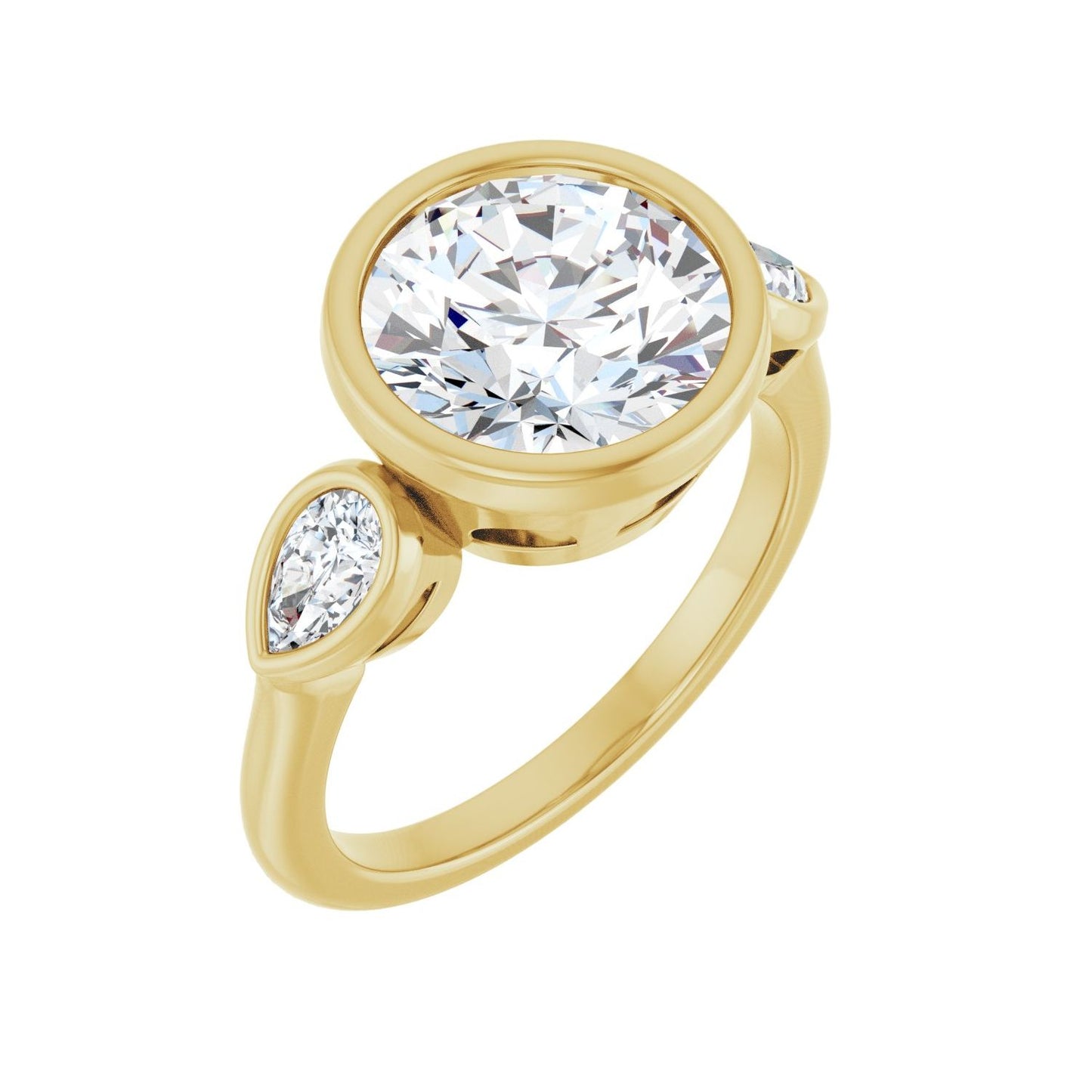 Round Bezel-Set Three-Stone Engagement Ring | Metal Type=14K Yellow Gold | Center Stone Size=3 CT | Image 1