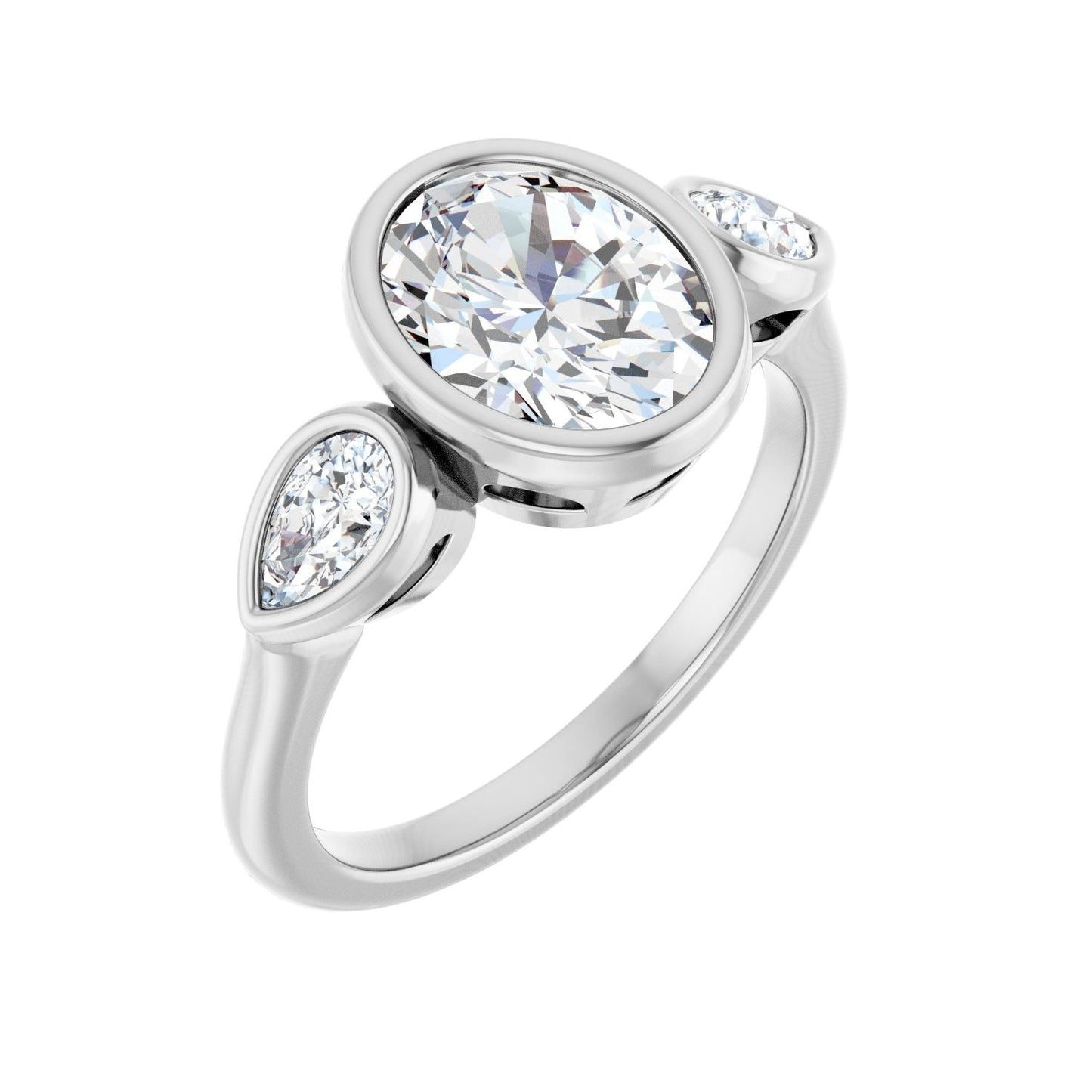 Oval Bezel-Set Three-Stone Engagement Ring | Metal Type=14K White Gold | Center Stone Size=2 CT | Image 1