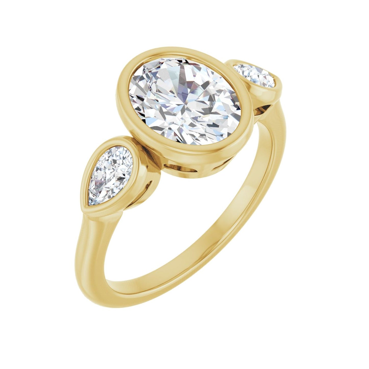 Oval Bezel-Set Three-Stone Engagement Ring | Metal Type=14K Yellow Gold | Center Stone Size=2 CT | Image 1