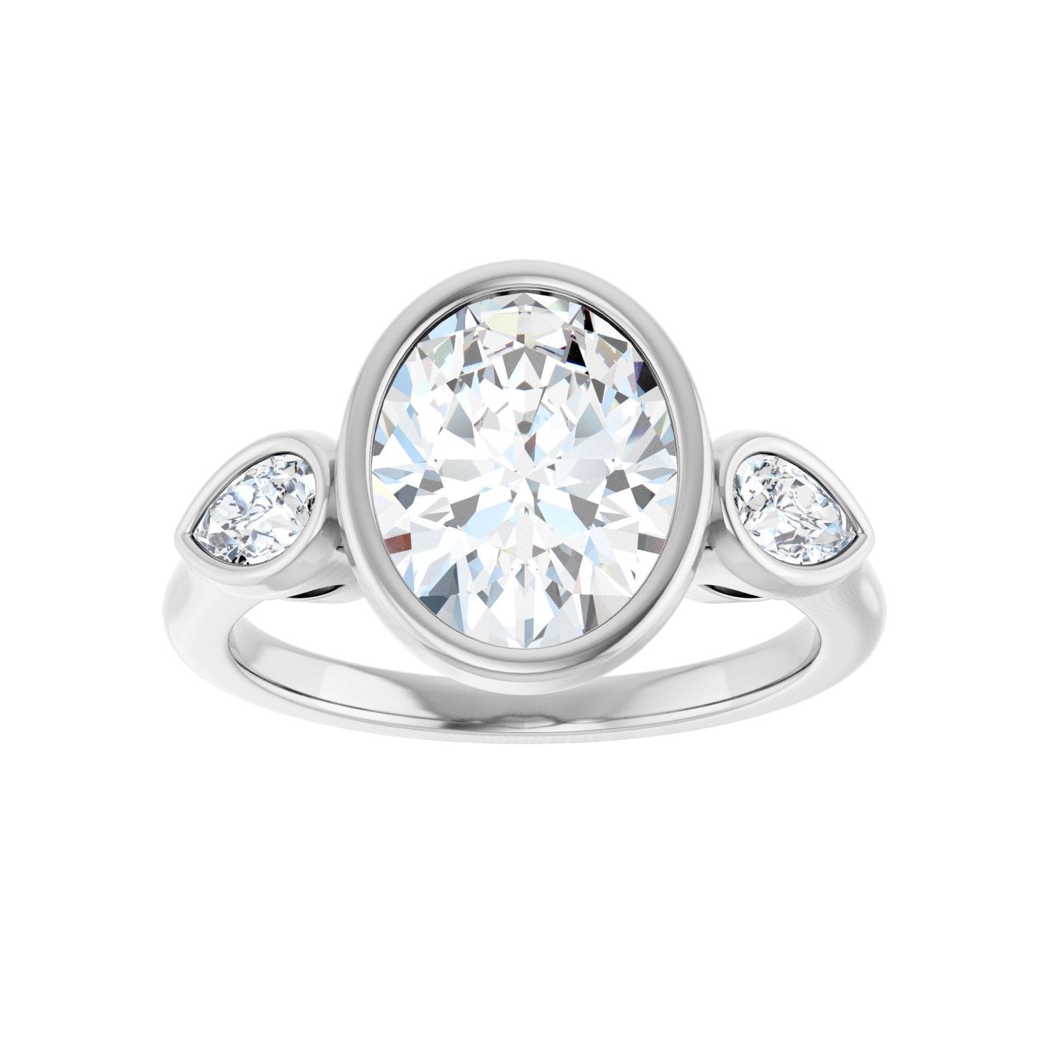 Oval Bezel-Set Three-Stone Engagement Ring | Metal Type=14K White Gold | Center Stone Size=2.5 CT | Image 3